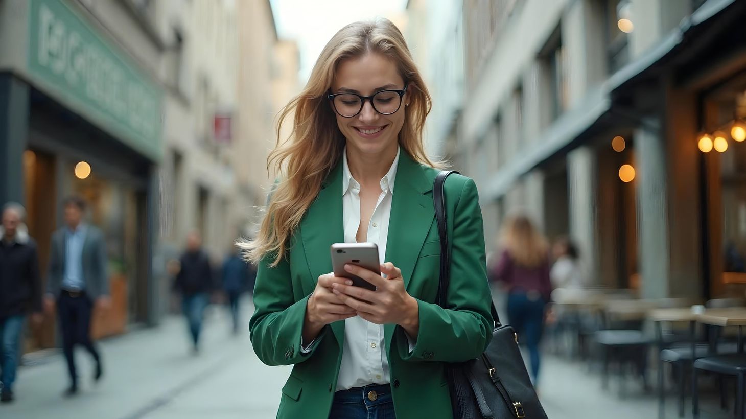 Lächelnde Frau im grünen Blazer und mit Brille schaut auf ihr Handy, während sie eine Stadtstraße entlanggeht.