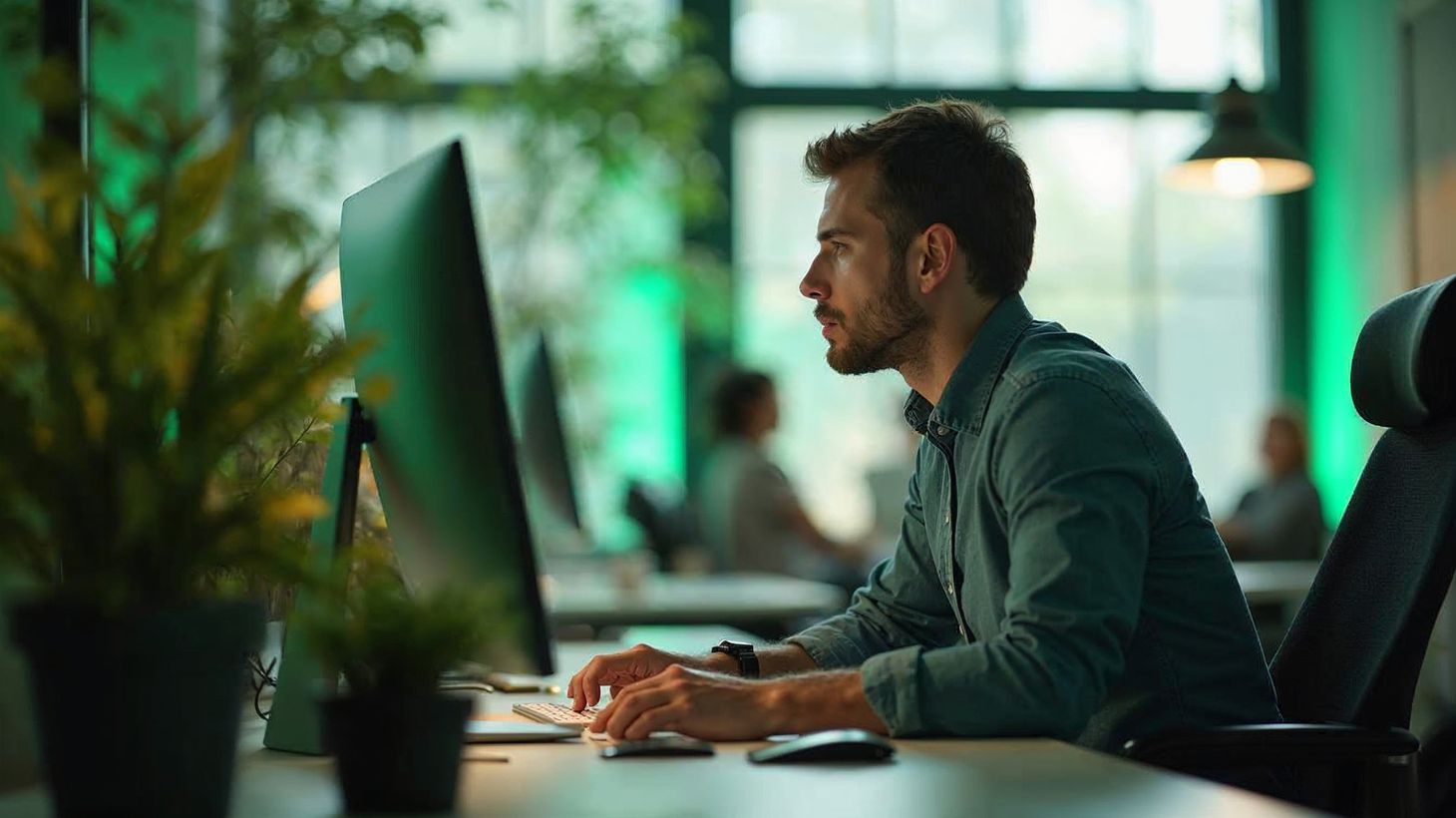 Ein Mann arbeitet an einem Computer in einem modernen, grün beleuchteten Büro mit Pflanzen und großen Fenstern im Hintergrund.