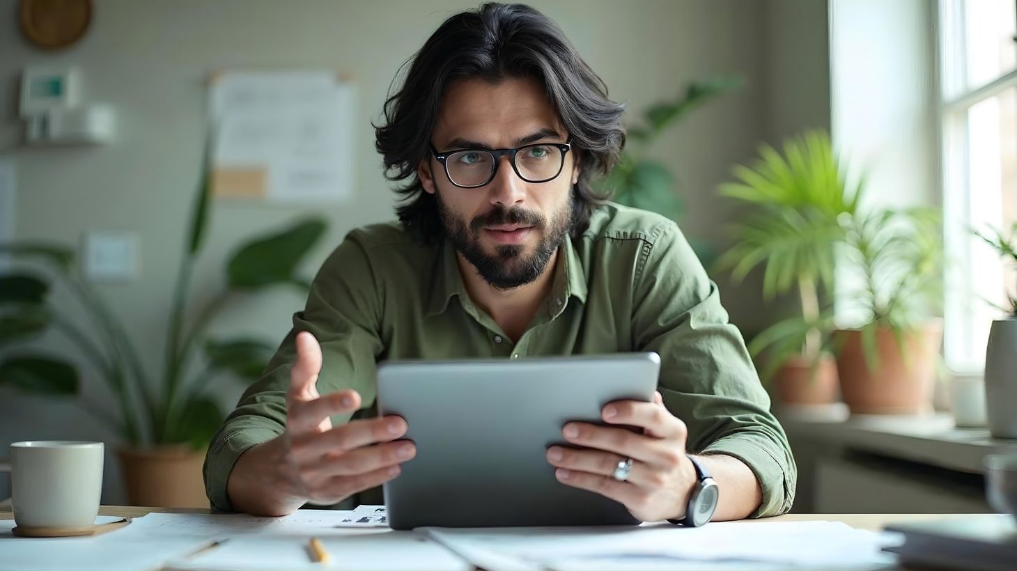 Mann mit Brille und Bart sitzt an einem Schreibtisch, hält ein Tablet in den Händen und spricht in die Kamera. Im Hintergrund stehen grüne Zimmerpflanzen und Licht fällt durch ein Fenster.