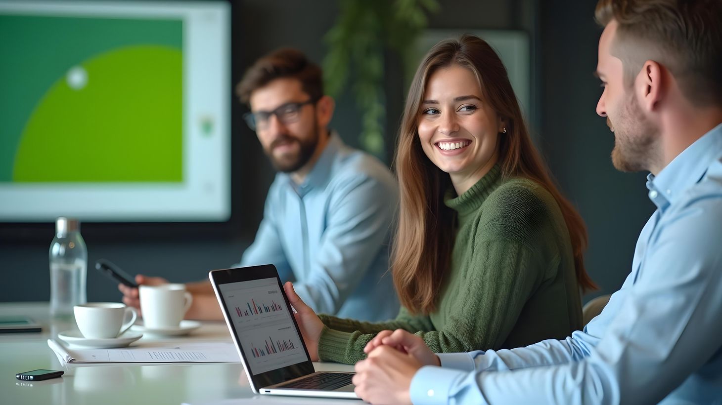 Drei Personen in einem Besprechungsraum, die lächeln und sich unterhalten. Eine von ihnen hält einen Laptop mit angezeigten Grafiken. Ein Präsentationsbildschirm und Kaffeetassen sind zu sehen.