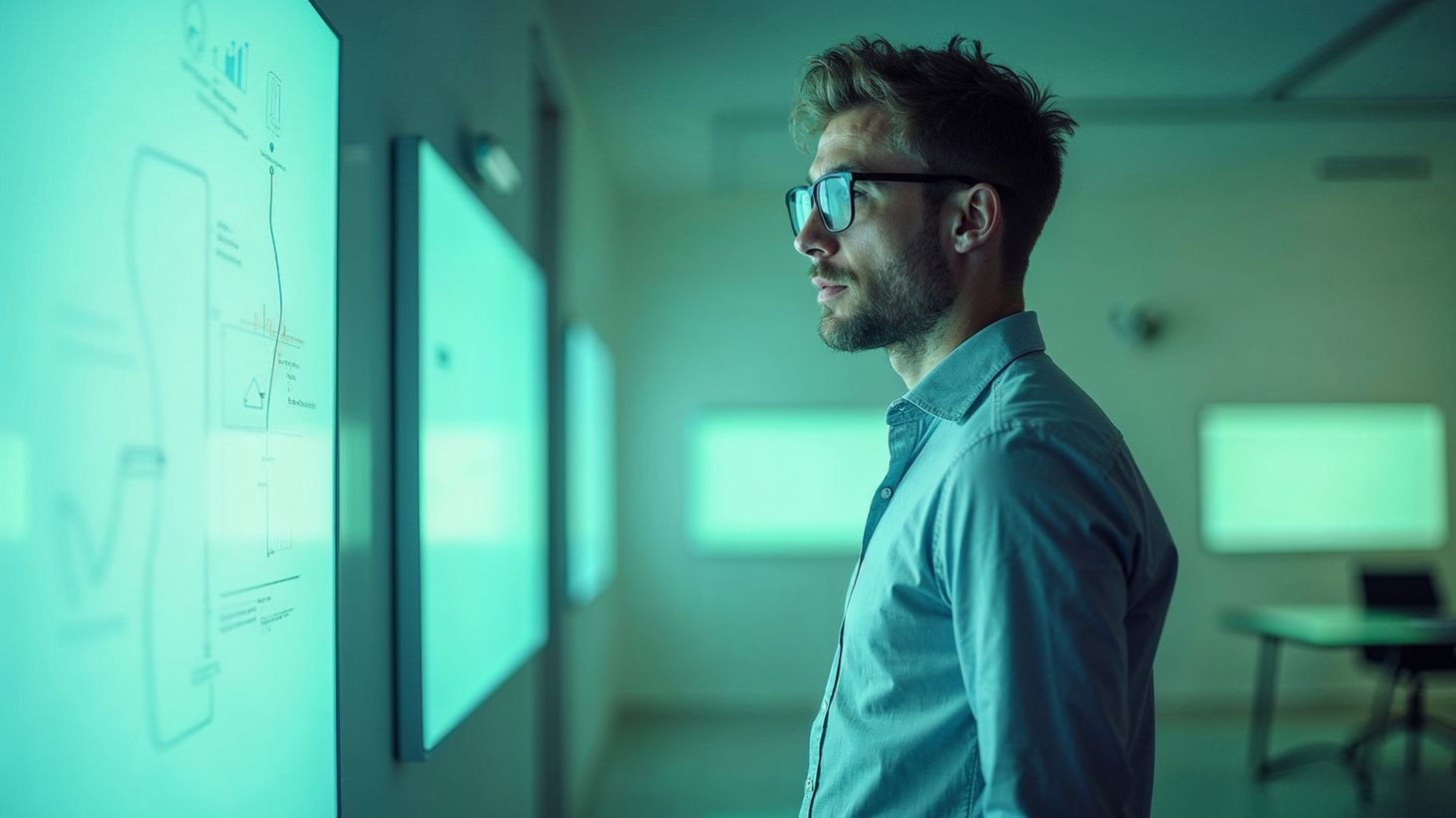 Mann mit Brille und blauem Hemd betrachtet konzentriert eine leuchtende digitale Präsentation auf einem Bildschirm in einem abgedunkelten Raum.