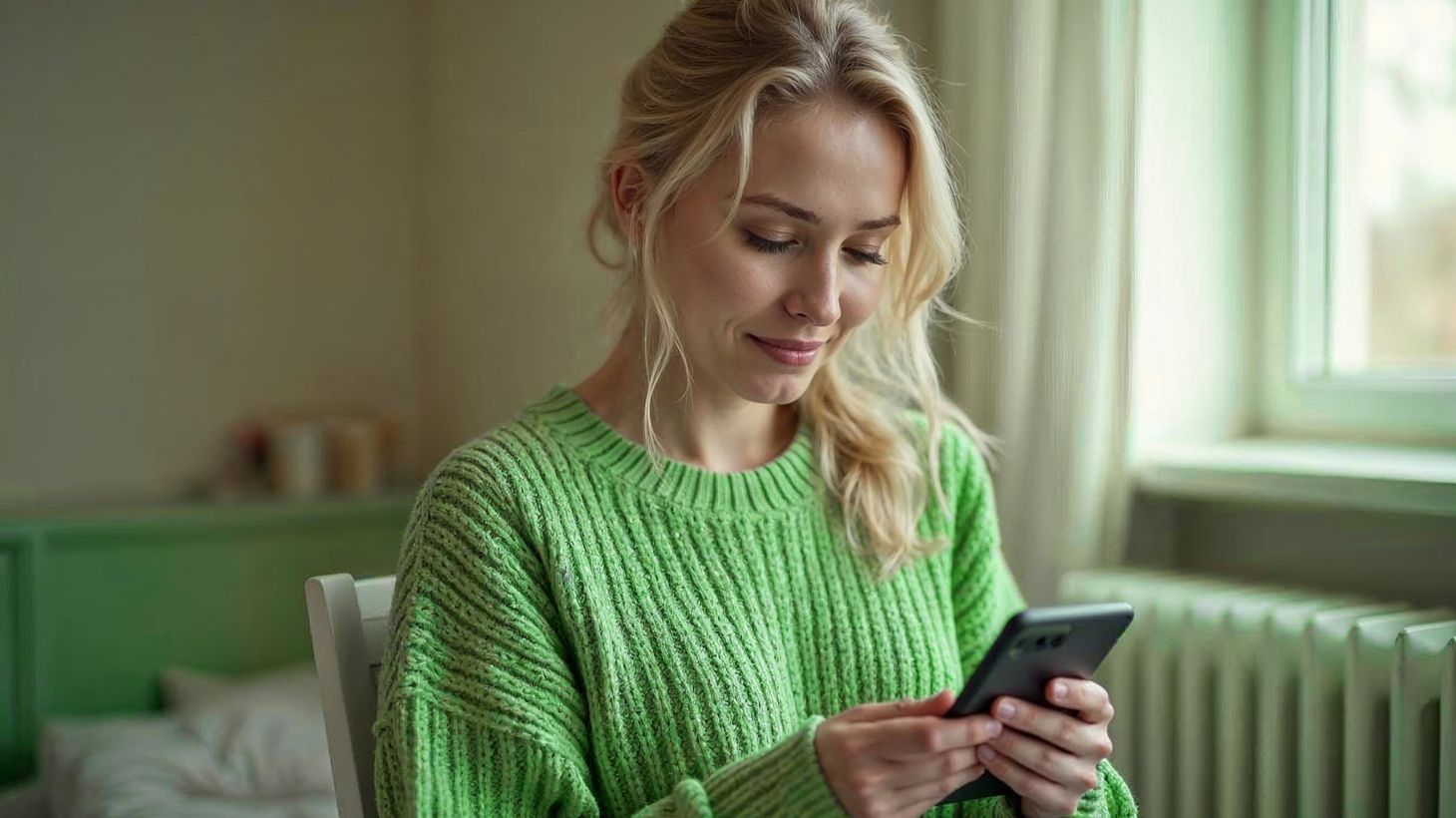 Eine Frau in einem grünen Pullover sitzt am Fenster und schaut mit einem leichten Lächeln auf ihr Smartphone.