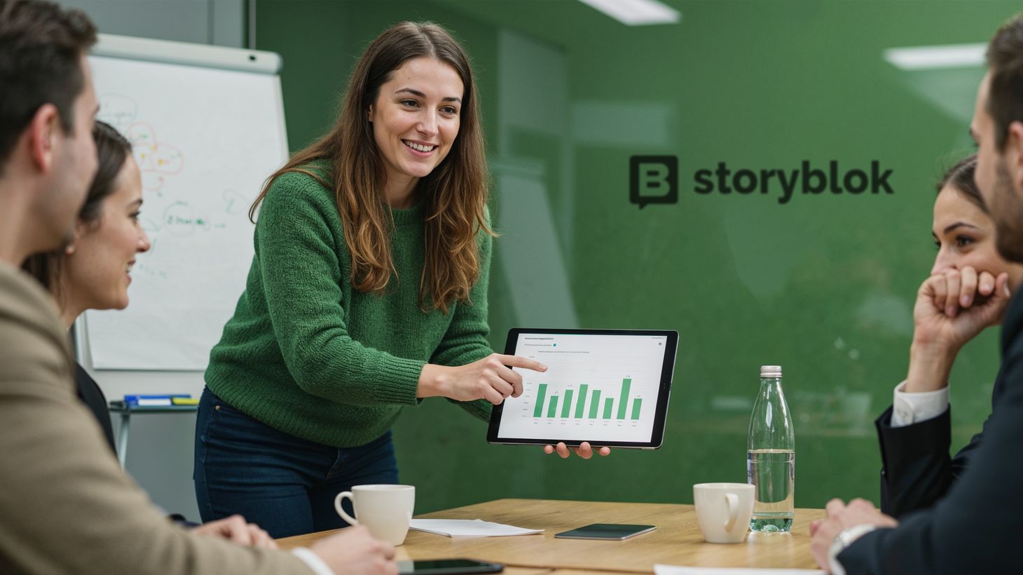 Eine Frau in einem grünen Pullover präsentiert drei Kollegen, die an einem Konferenztisch sitzen, ein Tablet mit einem Balkendiagramm.