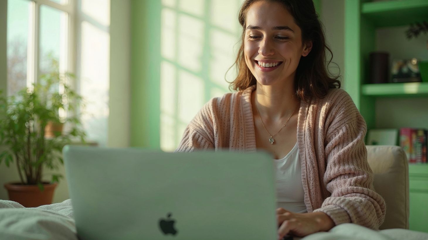 Eine lächelnde Frau nutzt einen Laptop in einem gemütlichen Raum, während Sonnenlicht durch ein Fenster fällt und eine Pflanze im Hintergrund steht.