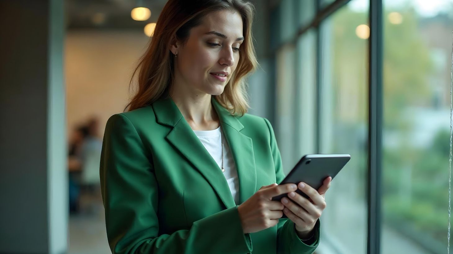 Eine Frau im grünen Blazer steht an einem Fenster und schaut auf ein Tablet. Der Hintergrund ist weich verschwommen.