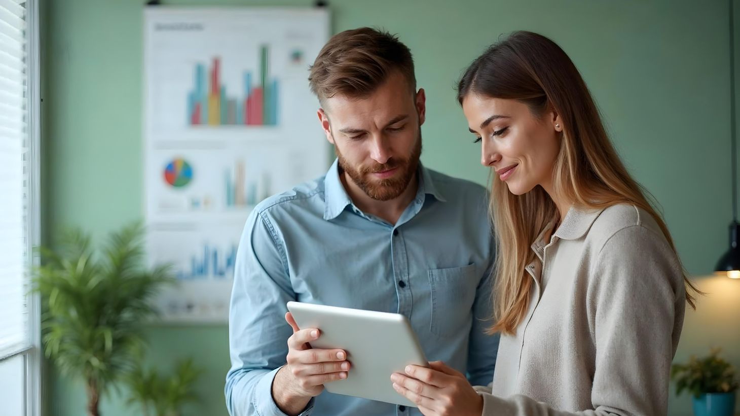 Ein Mann im blauen Hemd und eine Frau im beigen Pullover betrachten gemeinsam ein Tablet in einem modernen Büro mit Diagrammen an der Wand.