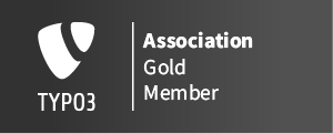 TYPO3-Logo auf dunklem Hintergrund mit dem Text „Association Gold Member“ in Weiß.