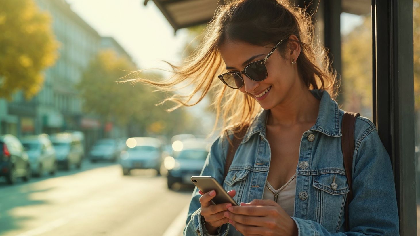 Frau mit Sonnenbrille und Jeansjacke lächelt auf ihr Handy in einer sonnigen Straße, im Hintergrund Autos und Bäume.