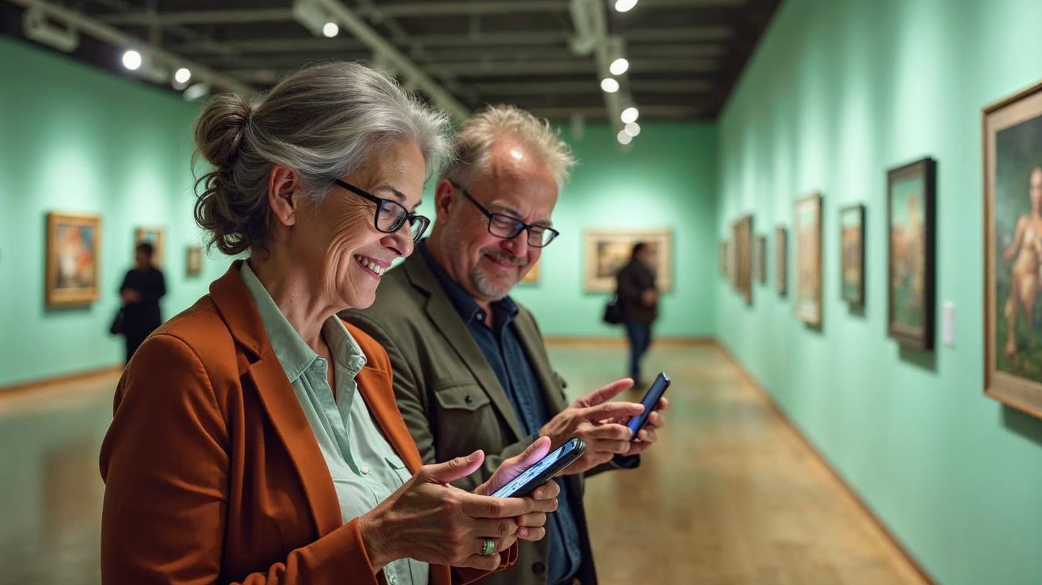 Zwei Personen mittleren Alters betrachten Kunstwerke in einer Galerie mit grünen Wänden. Beide lächeln und nutzen Smartphones, während im Hintergrund Gemälde zu sehen sind.