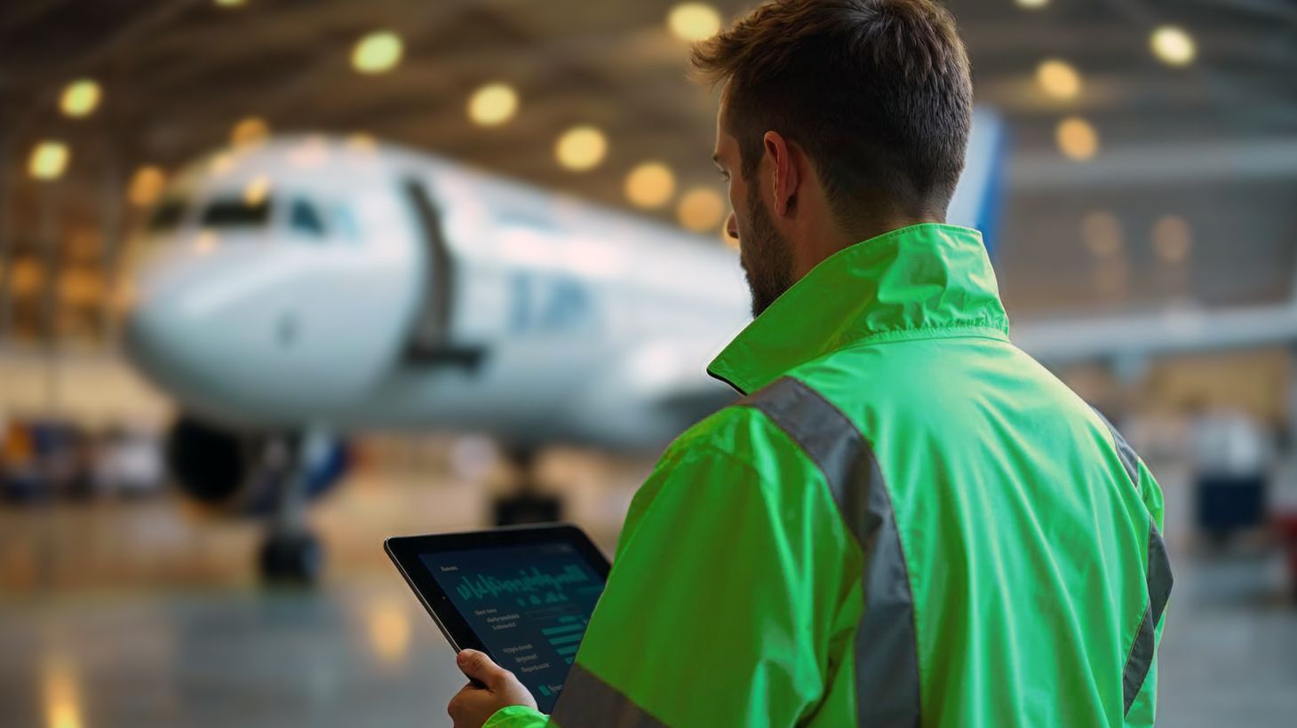 Mitarbeiter in einer grün reflektierenden Sicherheitsjacke überprüft Daten auf einem Tablet in einem Flugzeughangar, während ein Passagierflugzeug im Hintergrund steht.