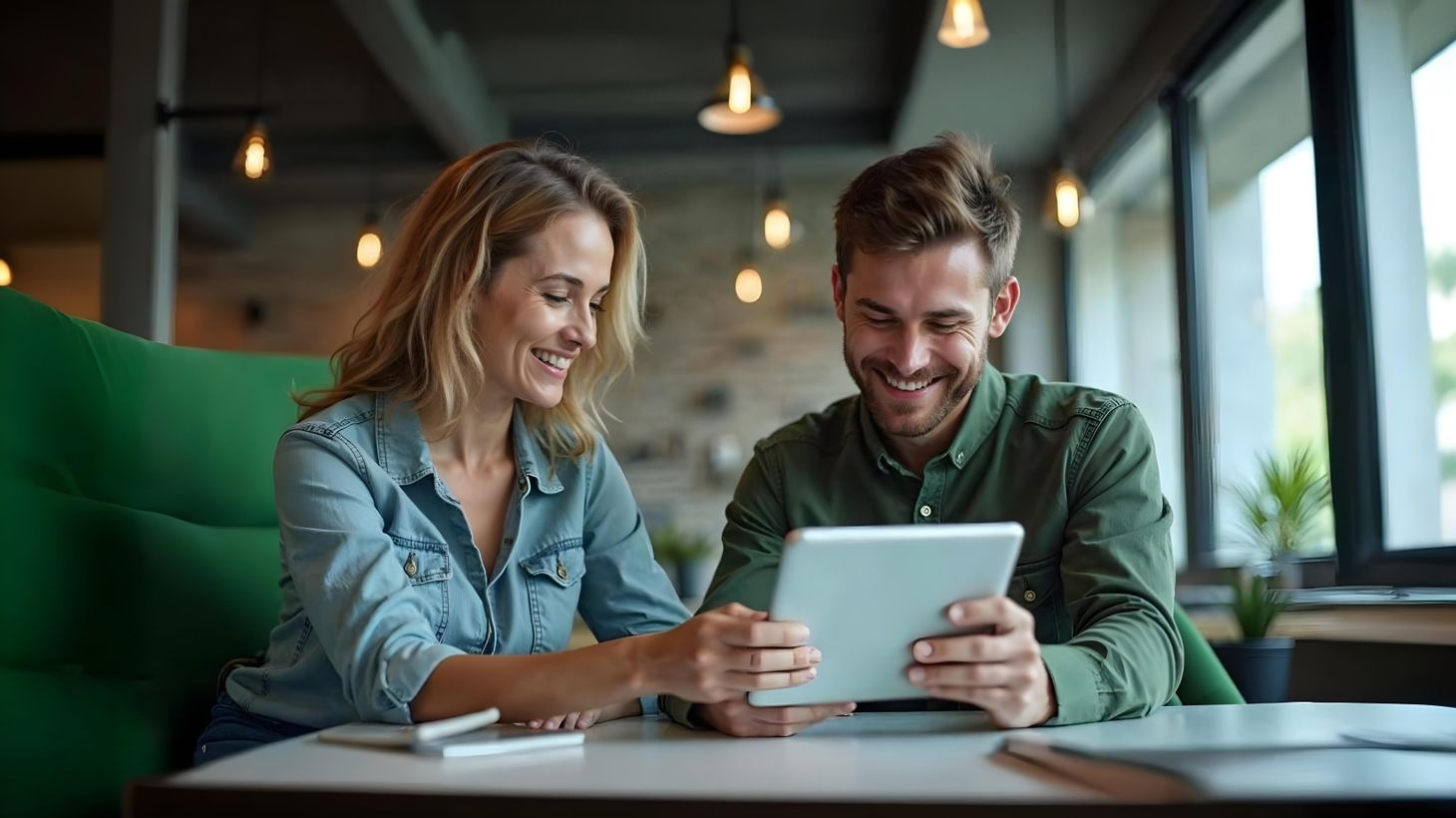 Zwei Personen sitzen gemeinsam an einem Tisch in einem modernen Büro mit großen Fenstern und industrieller Beleuchtung. Beide lächeln und schauen auf ein Tablet.