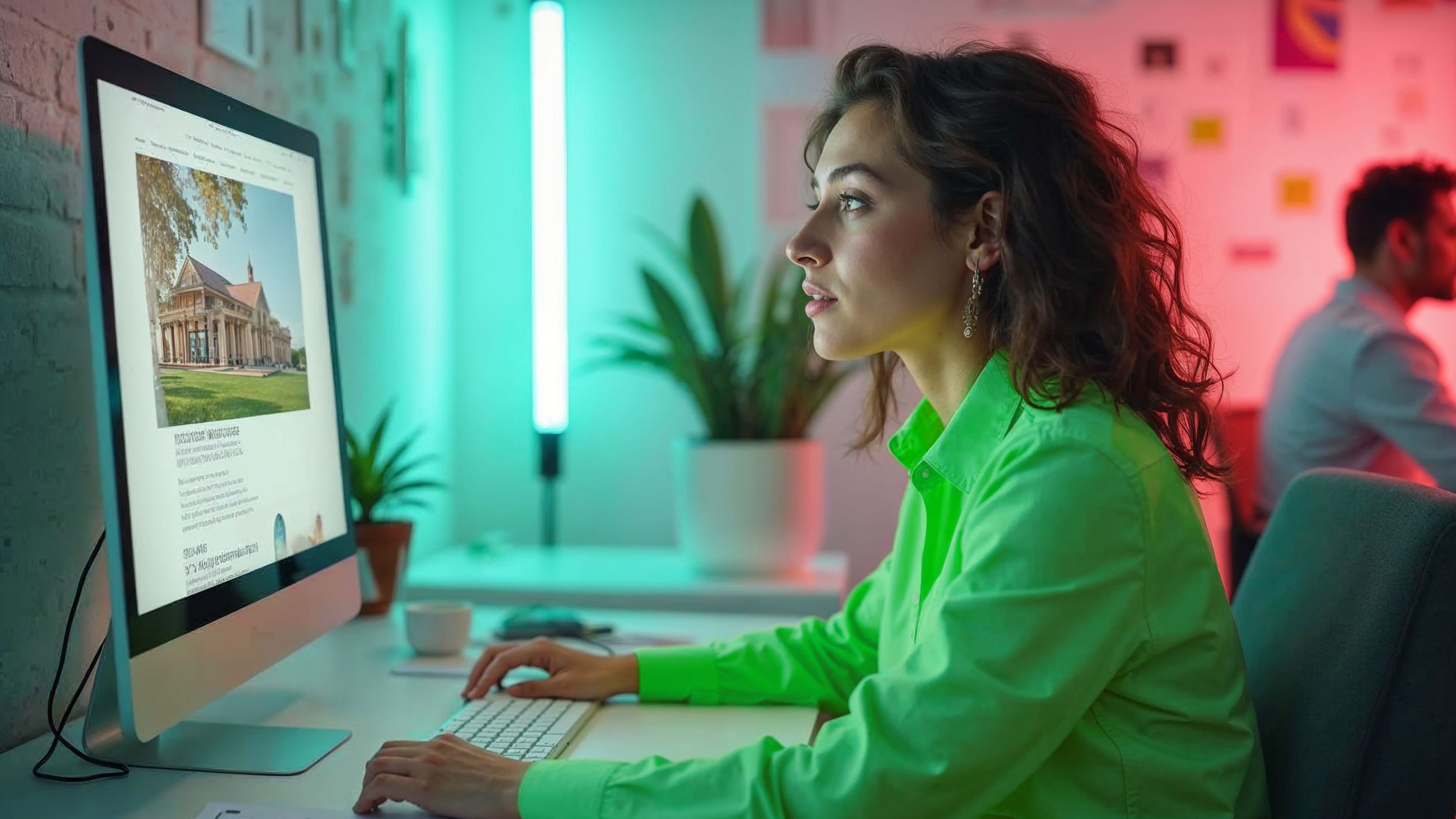 Junge Frau mit in einem leuchtend grünen Hemd arbeitet konzentriert an einem Computer in einem modern beleuchteten Büro mit farbigen LED-Lichtern und Pflanzen im Hintergrund.