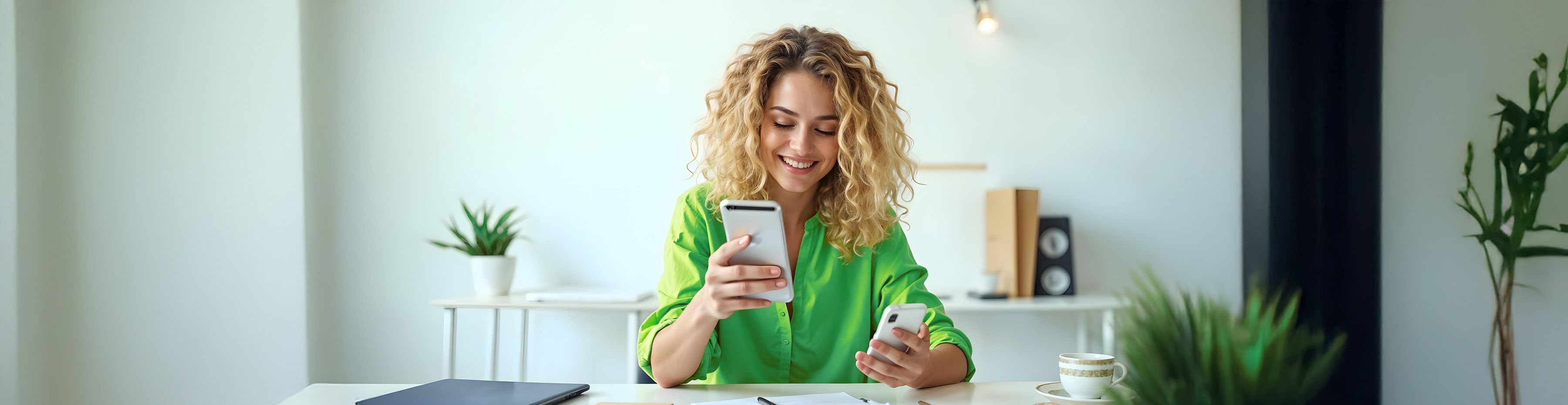 Eine junge Frau mit lockigen blonden Haaren sitzt an einem Schreibtisch in einem modernen, hellen Büro. Sie trägt ein leuchtend grünes Hemd und lächelt, während sie zwei Smartphones in den Händen hält. Auf dem Schreibtisch liegen ein Laptop, Notizblätter und eine Kaffeetasse. Im Hintergrund befinden sich Pflanzen, Regale und eine minimalistische Einrichtung, die eine angenehme Arbeitsatmosphäre schafft.