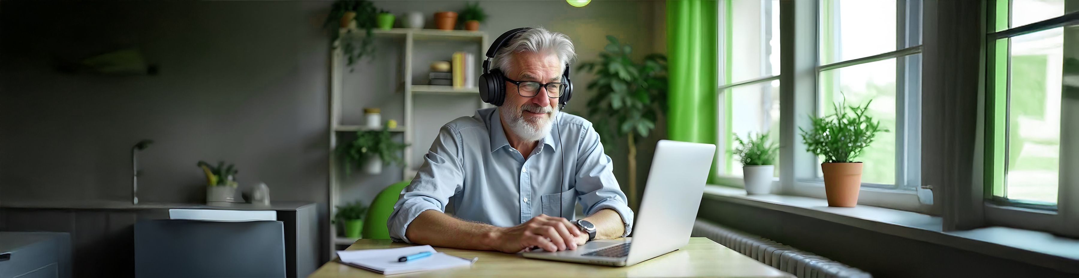 Älterer Mann mit grauen Haaren, Brille und Kopfhörern arbeitet entspannt an einem Laptop in einem hellen Büro mit großer Fensterfront und vielen Pflanzen.