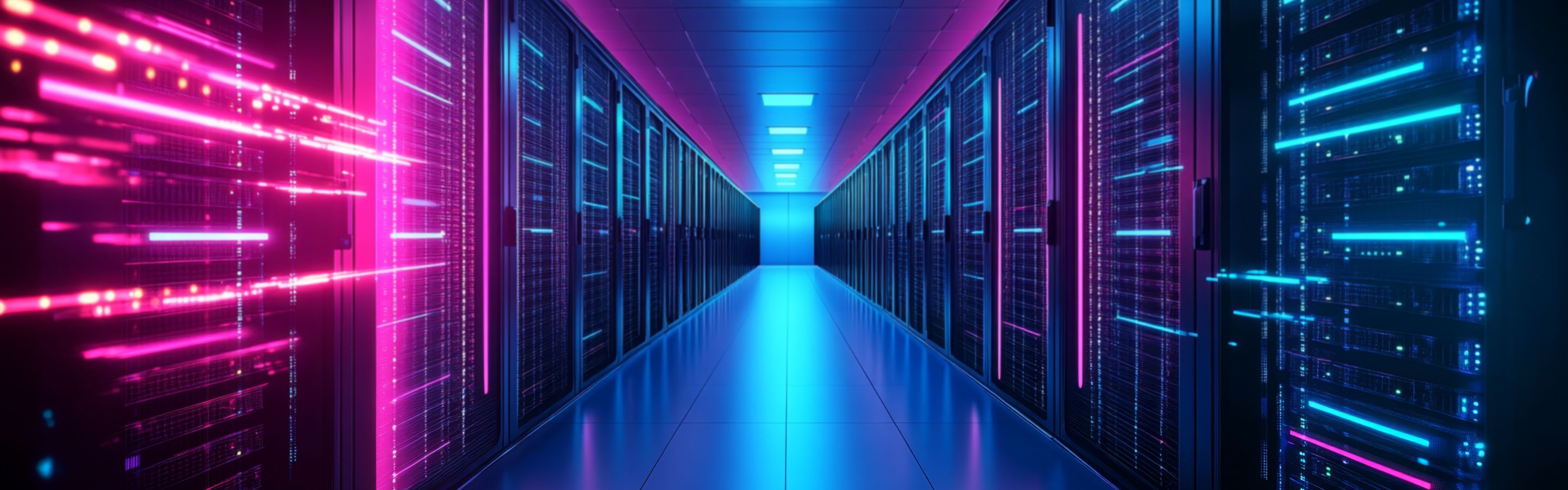 Ein futuristischer Rechenzentrumsgang mit leuchtenden pinken und blauen Lichtern, flankiert von Serverreihen auf beiden Seiten und einem reflektierenden Boden.
