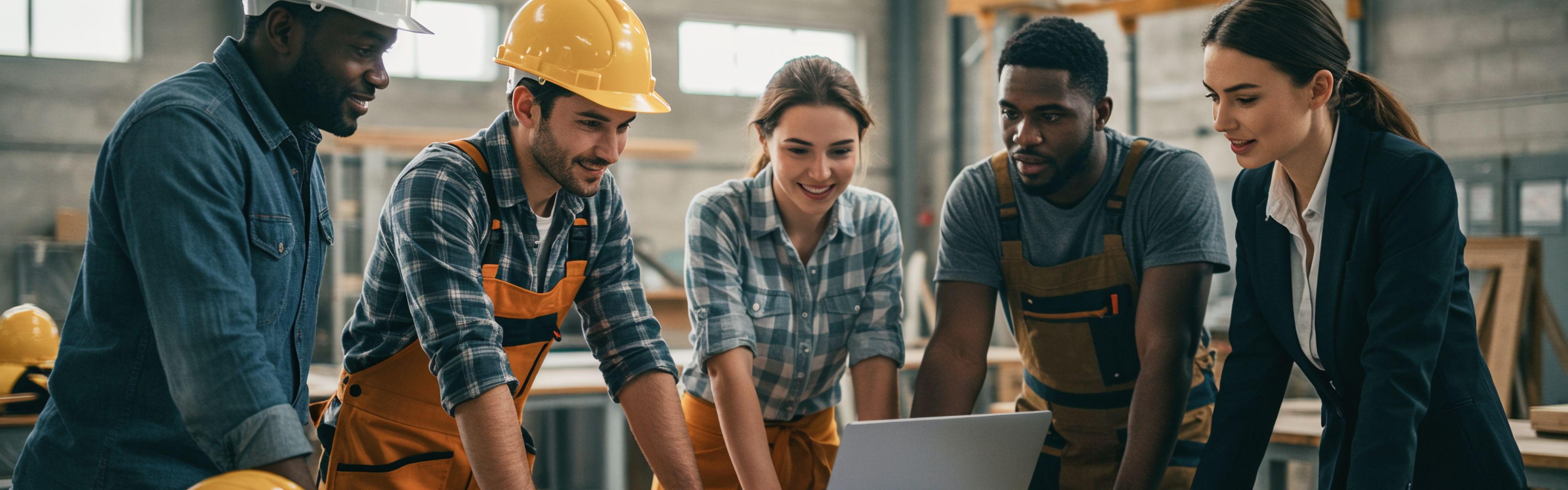 Eine vielfältige Gruppe von fünf Personen in Arbeitskleidung und Schutzhelmen versammelt sich in einem industriellen Umfeld um einen Laptop und bespricht ein Projekt.