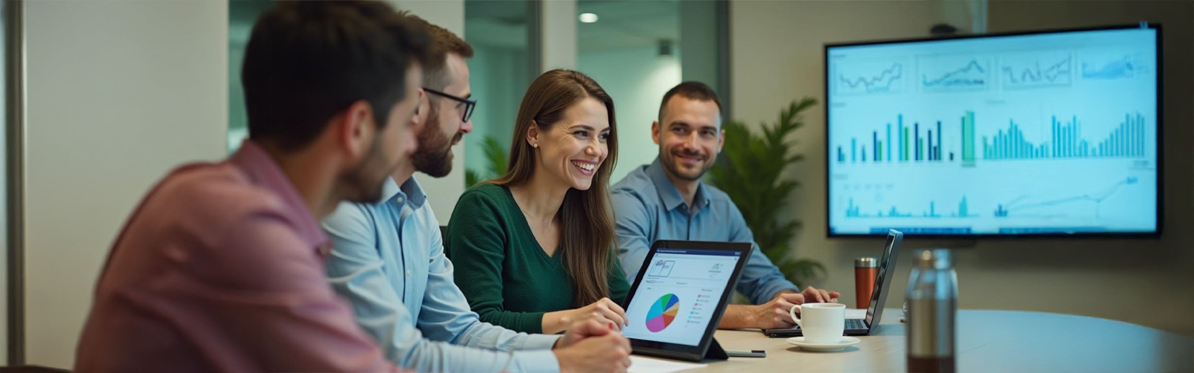 Eine Gruppe von Fachleuten diskutiert in einem Besprechungsraum über Daten, die auf einem Bildschirm angezeigt werden, während eine Person ein Diagramm auf einem Tablet präsentiert.