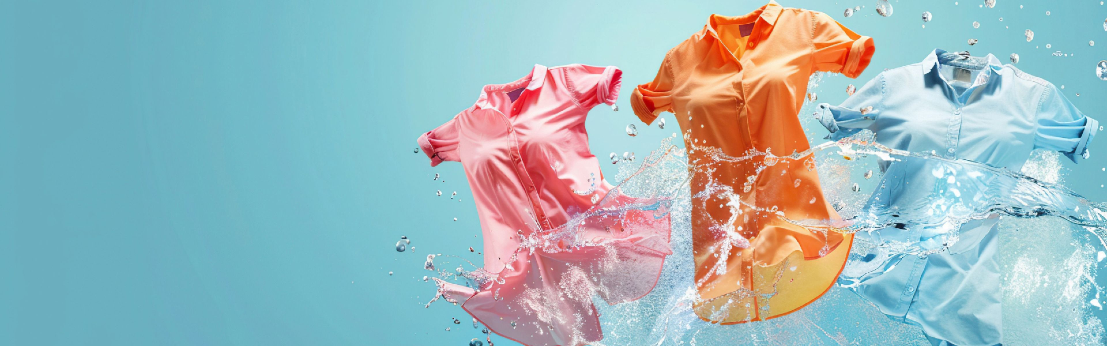 Drei bunte Hemden – pink, orange und blau – und Wasserspitzer, vor einem hellblauen Hintergrund.