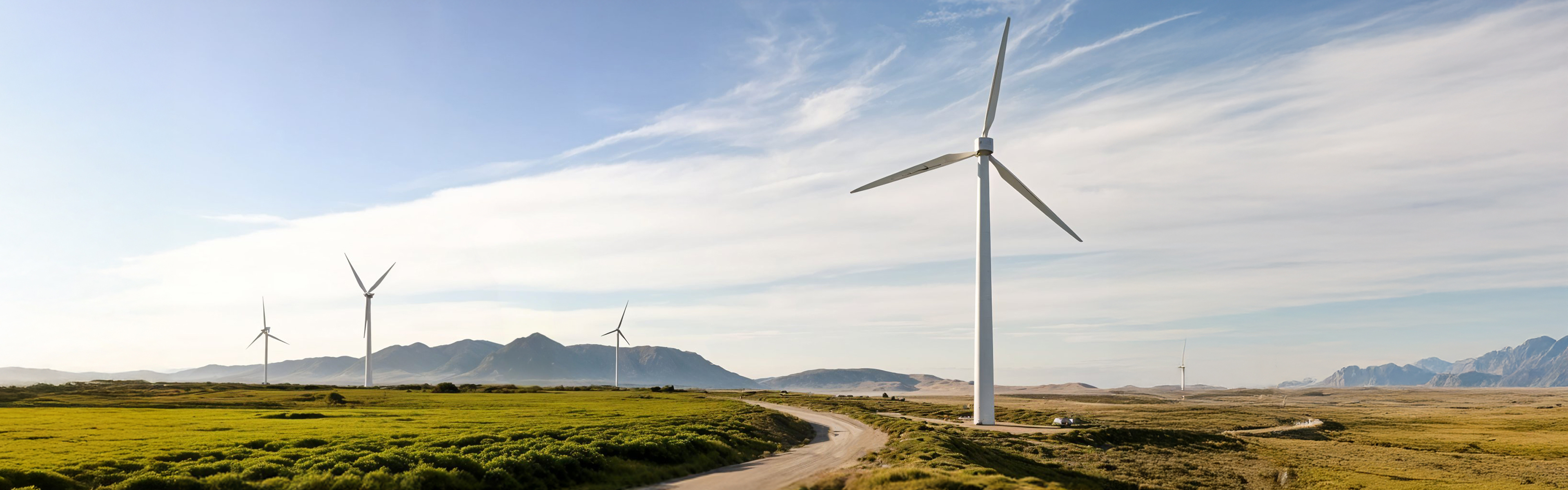 Windturbinen auf einer grasbewachsenen Ebene mit Bergen im Hintergrund unter einem blauen Himmel mit schleierartigen Wolken.