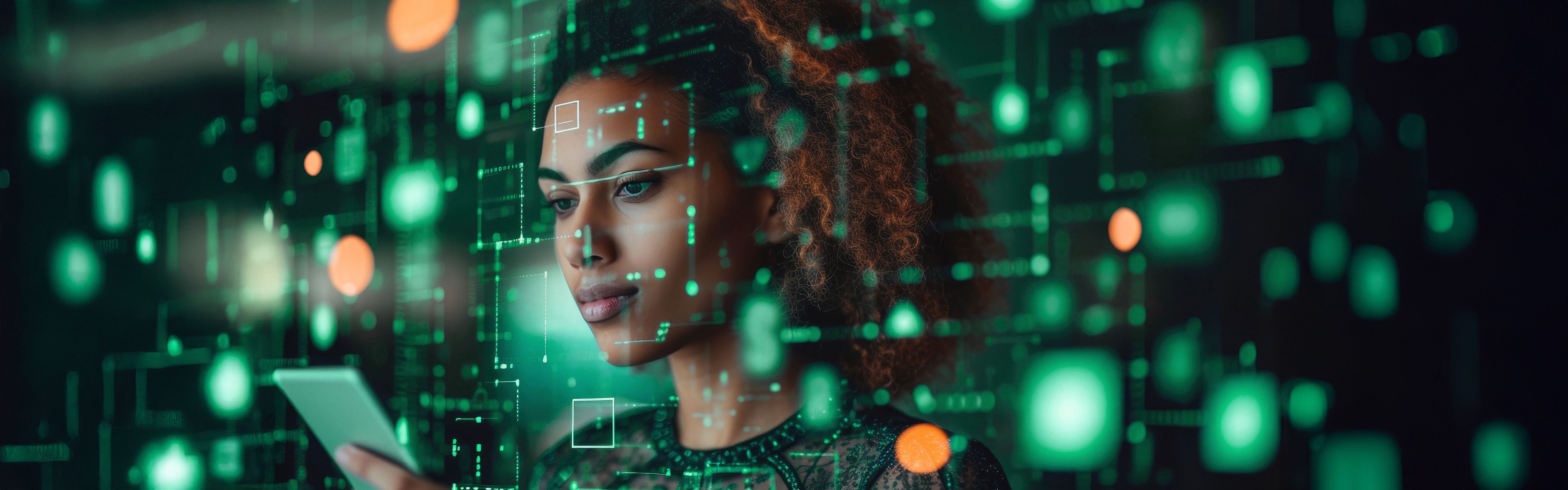 Eine Frau blickt auf ihr Smartphone, umgeben von leuchtend grünen digitalen Daten und holografischen Elementen.