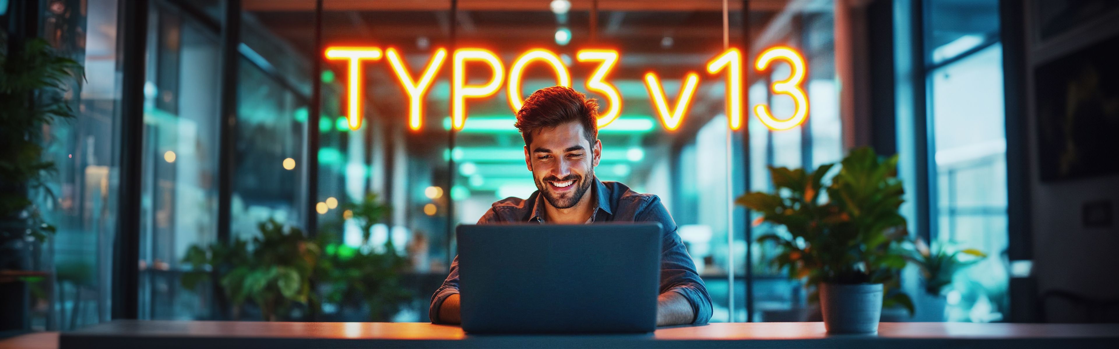 Ein Mann lächelt vor einem Laptop in einem modernen Büro, im Hintergrund leuchtet ein Neonschild mit der Aufschrift „TYPO3 v13“.
