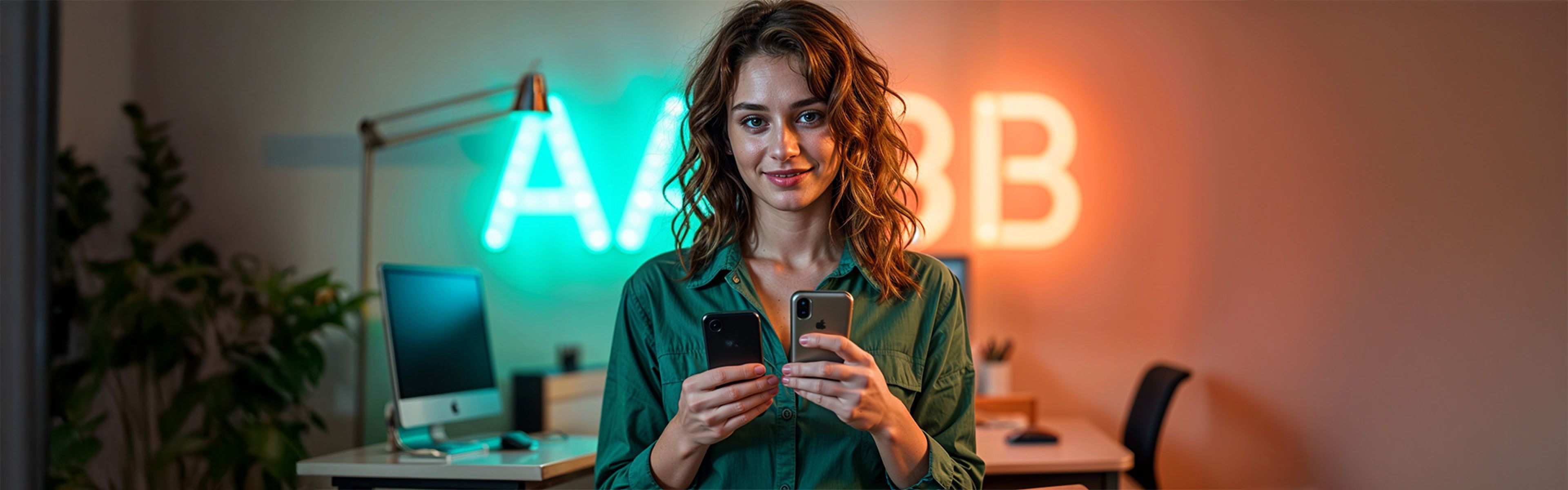 Eine Frau in einem grünen Shirt hält zwei Smartphones und steht in einem modernen Büro mit einem Neonzeichen „A/B“ im Hintergrund.