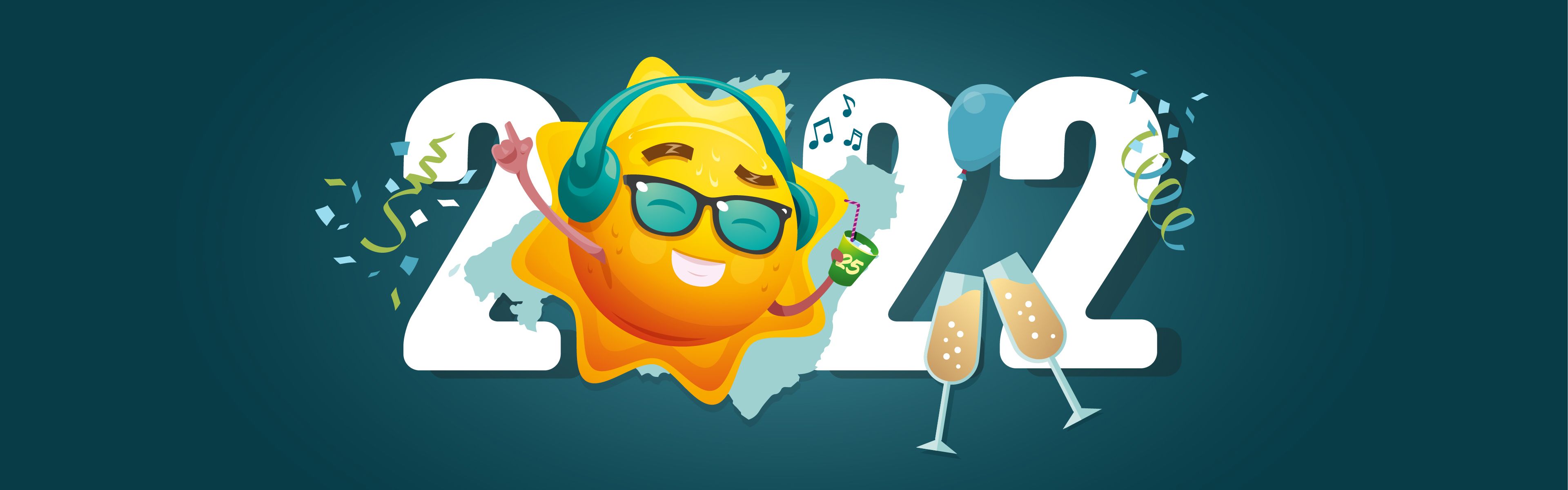 ChatGPT: Lächelndes Sonnen-Emoji mit Sonnenbrille und Kopfhörern vor der Zahl „2022“, umgeben von Konfetti und Sektgläsern auf dunklem Hintergrund.