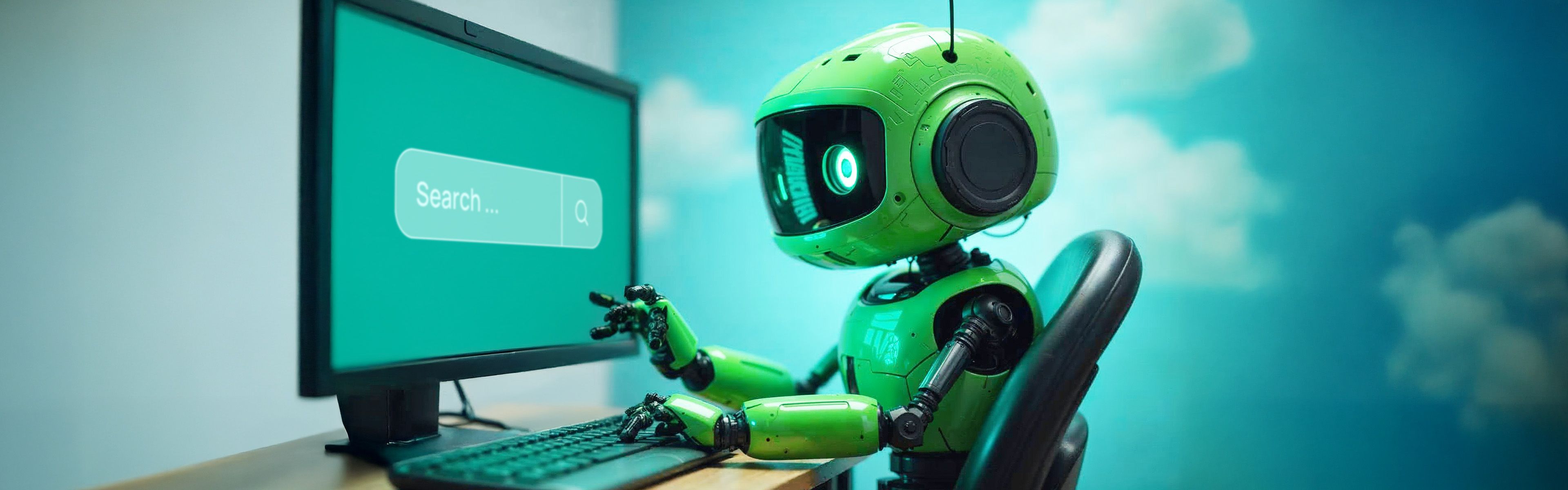Ein grüner Roboter sitzt an einem Schreibtisch und tippt auf einer Tastatur, während auf dem Computerbildschirm eine Suchleiste angezeigt wird.