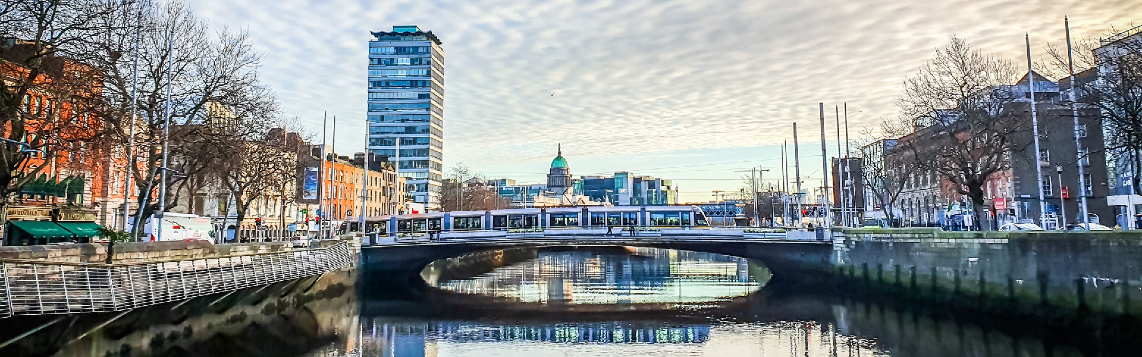 Panoramablick auf eine Stadtsilhouette mit einem Fluss, einer Brücke und modernen Gebäuden unter einem bewölkten Himmel. Entlang der Flussufer stehen kahle Bäume.