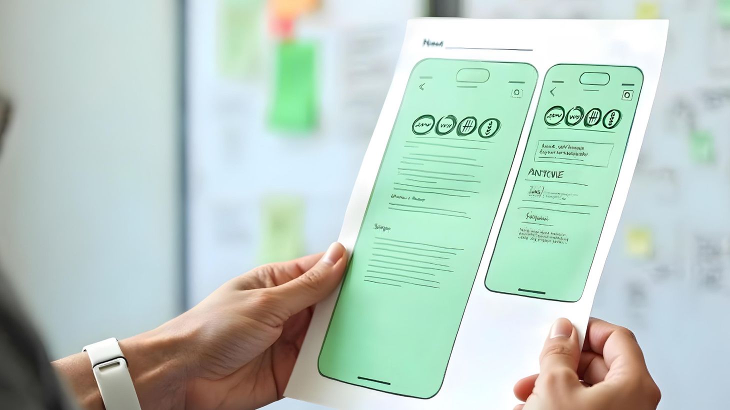 Person hält einen ausgedruckten Entwurf eines App-Designs in der Hand, während im Hintergrund ein Whiteboard mit Notizen und Skizzen zu sehen ist.
