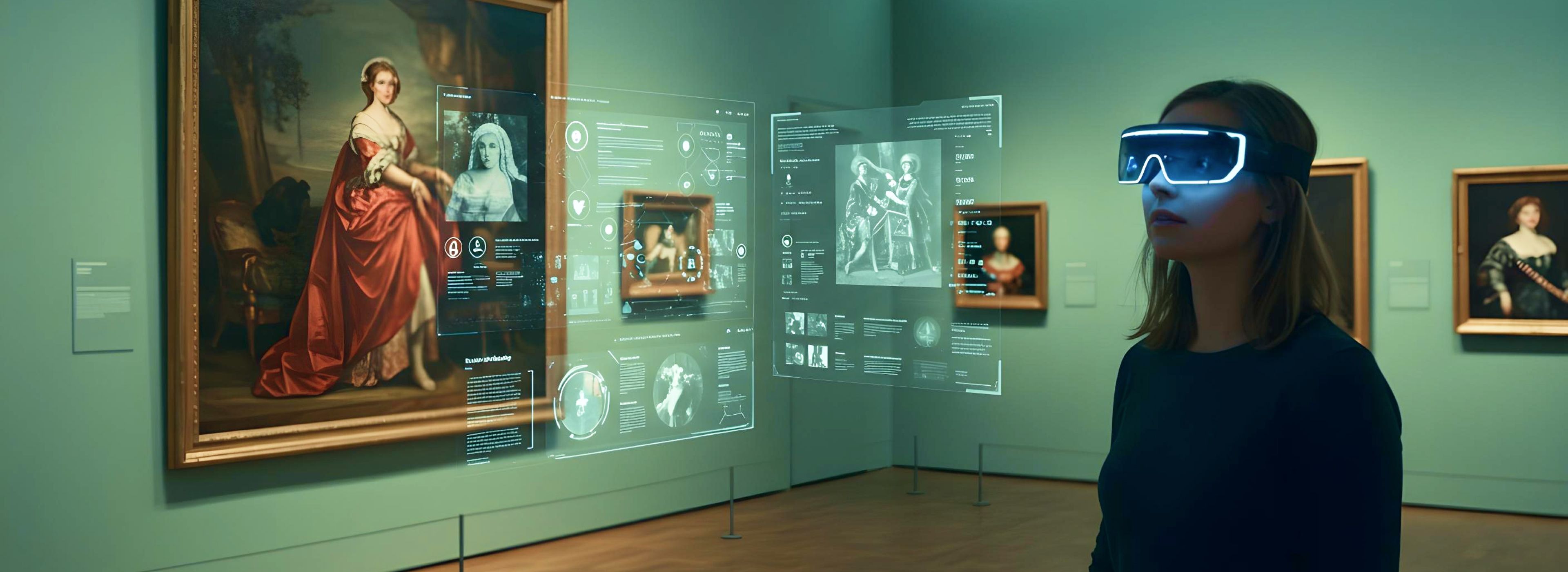 Junge Frau mit futuristischer AR-Brille steht in einem Gemäldemuseum und betrachtet interaktive digitale Informationen zu klassischen Kunstwerken.