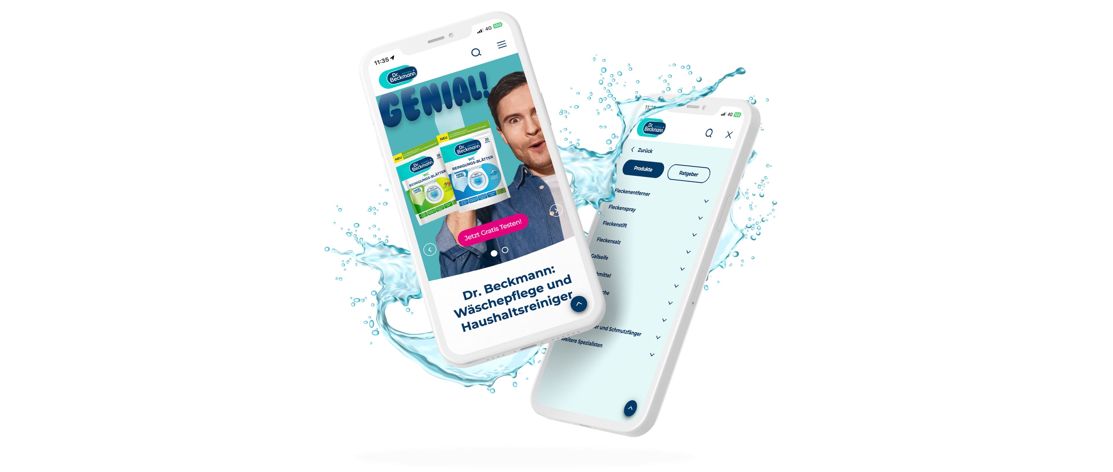 Zwei Smartphones zeigen die Benutzeroberfläche einer Reinigungsprodukt-App, umgeben von spritzendem Wasser, mit lebendigen Farben und Text.
