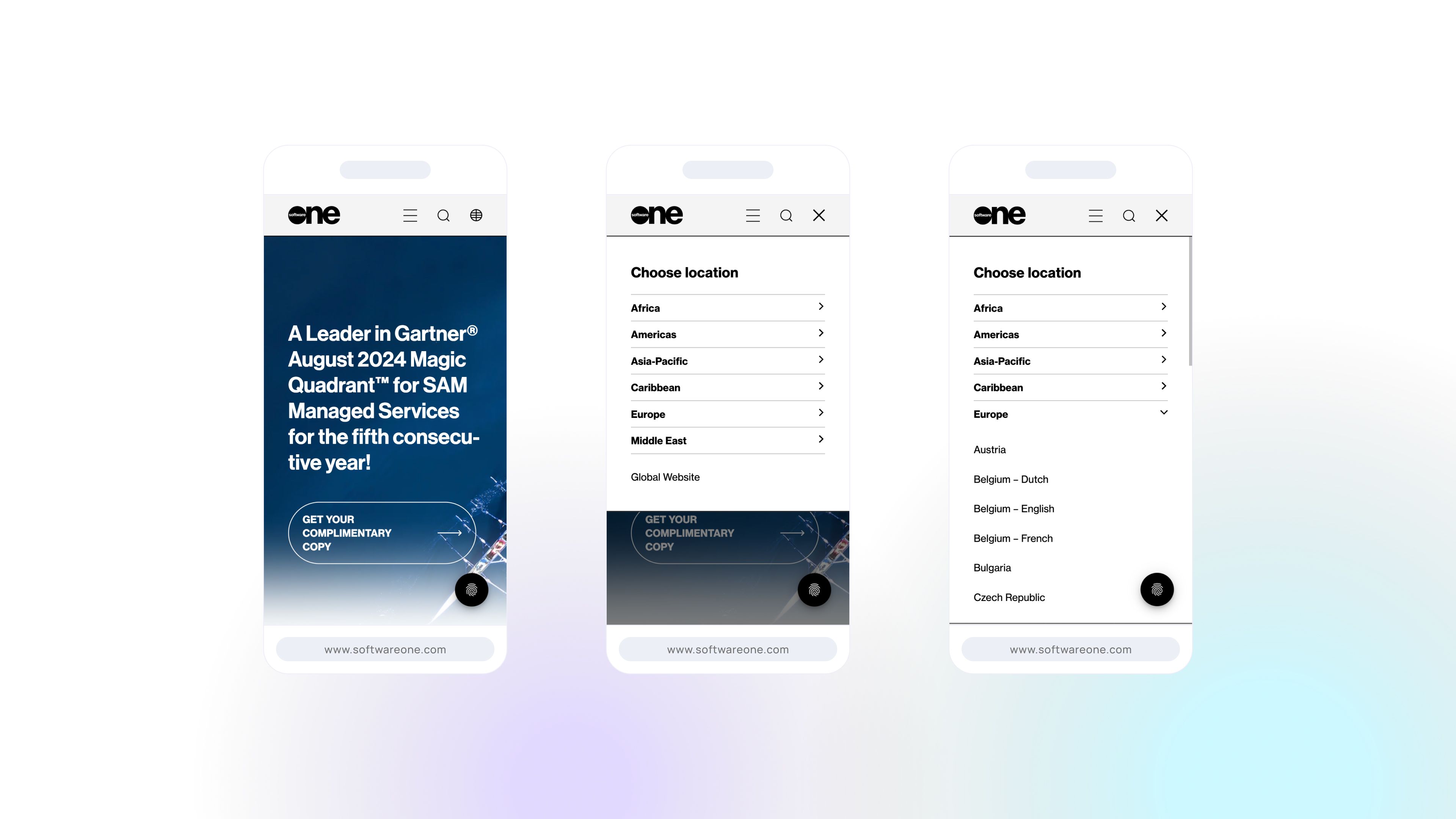 Drei Smartphone-Bildschirme zeigen eine Website mit einem Banner zur Gartner-Auszeichnung sowie einem Menü zur Standortauswahl mit verschiedenen Regionen und Ländern.