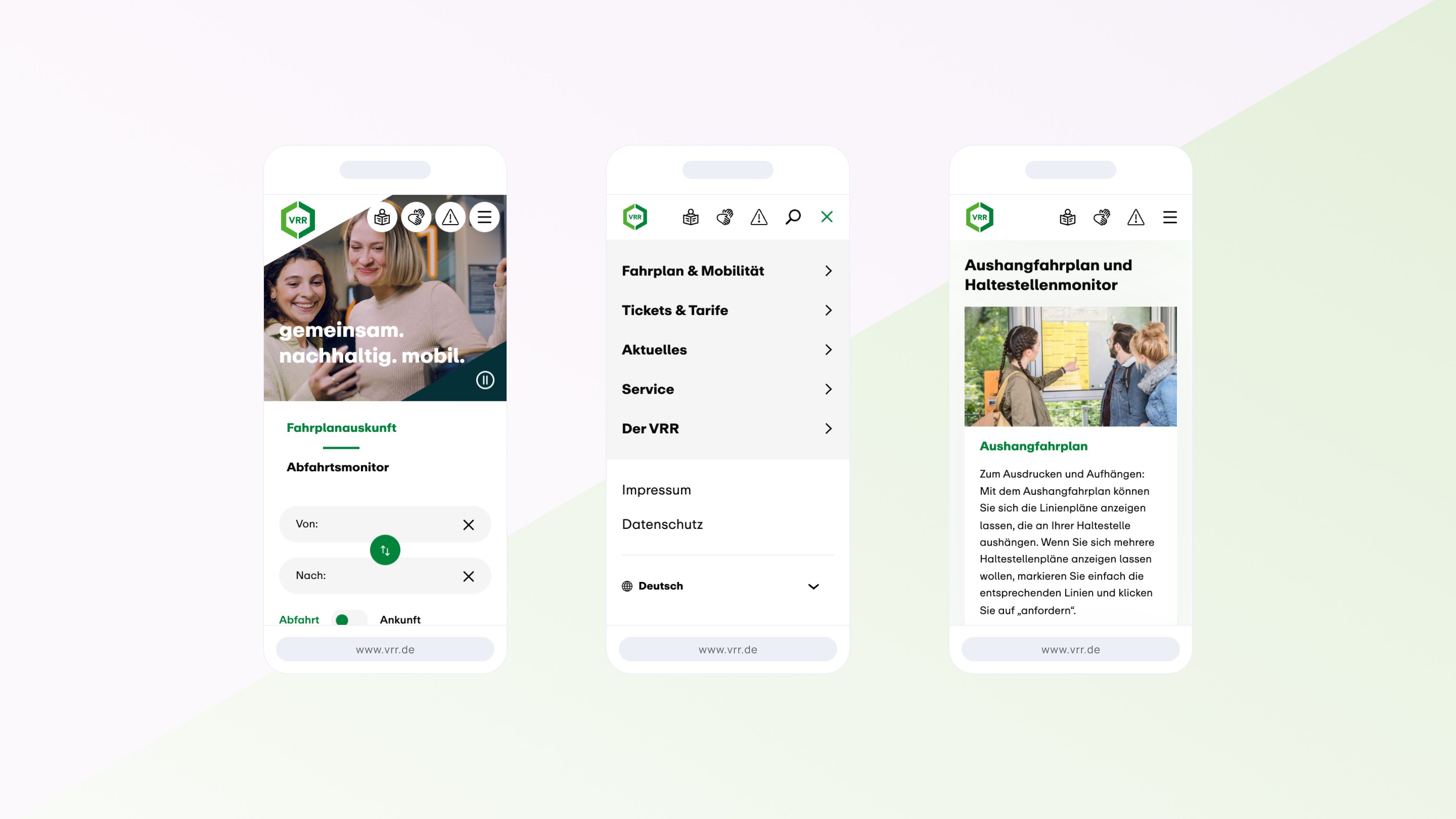 Drei Smartphone-Bildschirme zeigen die Benutzeroberfläche einer öffentlichen Verkehrs-App mit Navigationsmenüs, Ticketoptionen und Informationsbereichen.