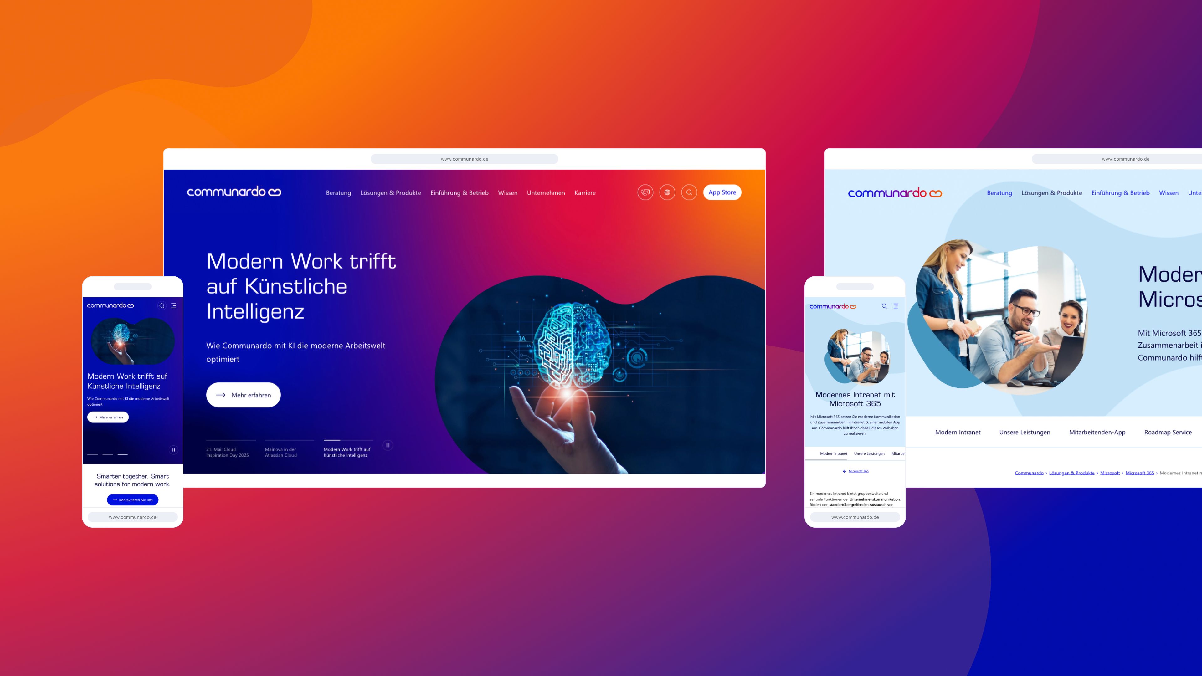 Webdesign mit Fokus auf modernes Arbeiten und KI-Themen, präsentiert mit lebendigen Farbverläufen und Ansichten auf mehreren Geräten, darunter Desktop- und Mobilansichten.