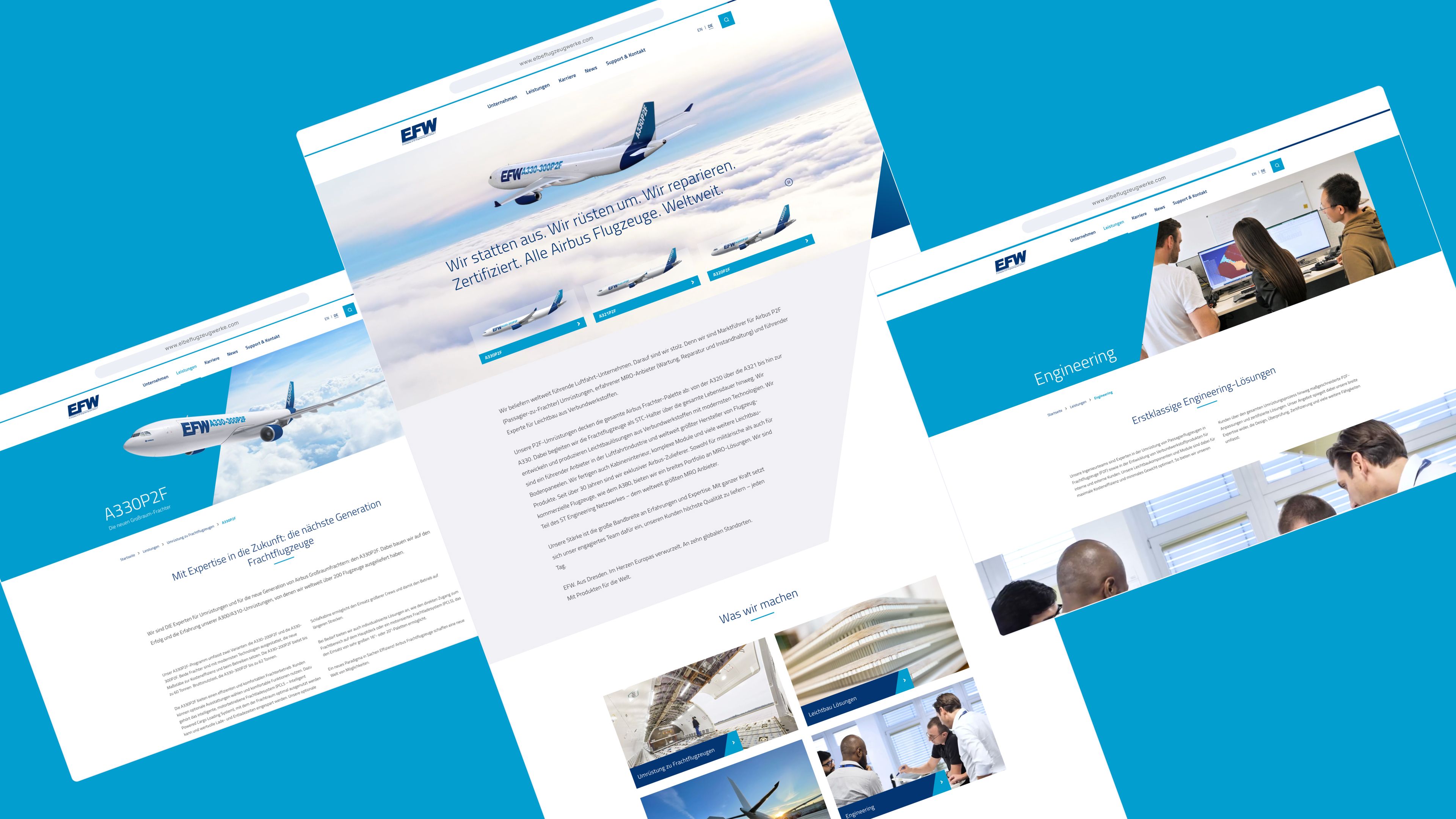 Drei schräge Ansichten einer luftfahrtbezogenen Website auf blauem Hintergrund, mit Abbildungen von Flugzeugen, Texten und Personen in Gesprächssituationen.