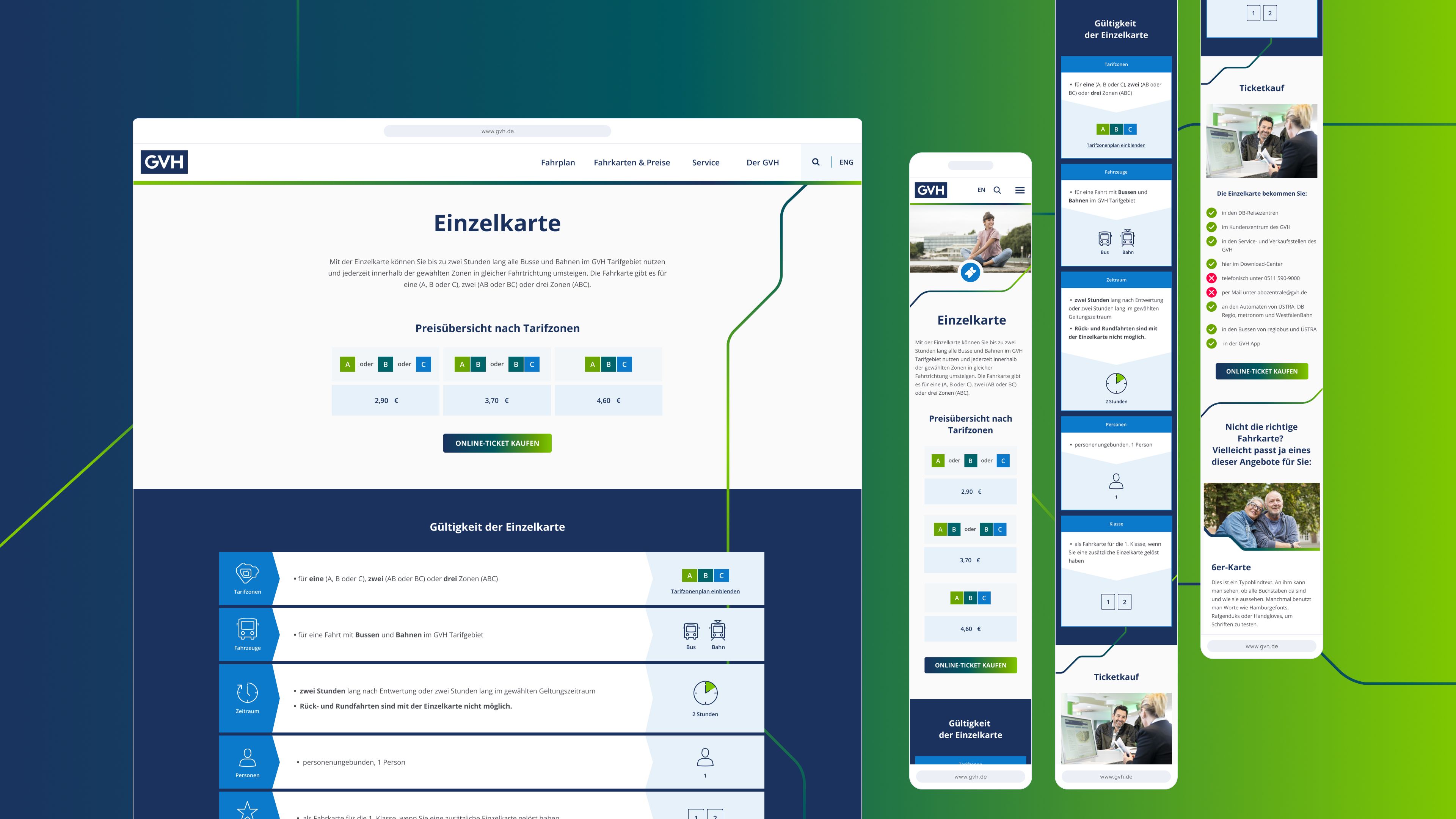 Website- und Mobilansicht eines Verkehrsservices mit Ticketoptionen, Preisangaben und benutzerfreundlichen Navigationselementen.