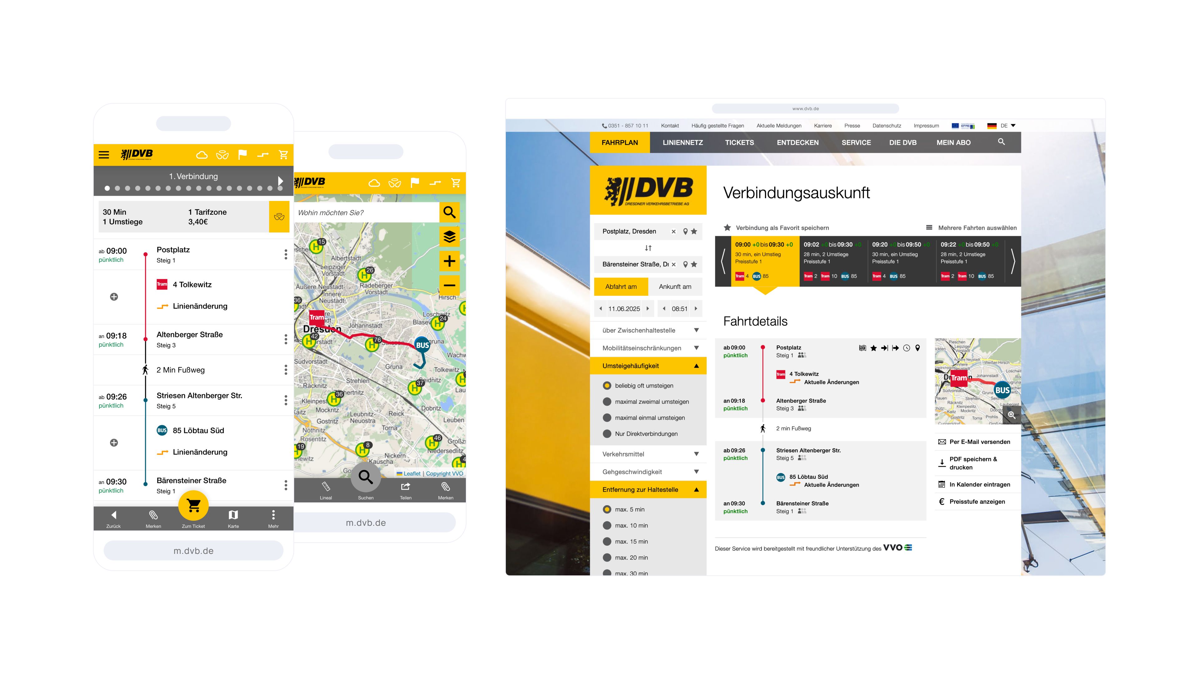 Benutzeroberfläche der ÖPNV-App und -Website mit Karte, Routen, Fahrplänen und Suchfunktionen für DVB-Dienste, gestaltet in einem gelb dominierten Design.