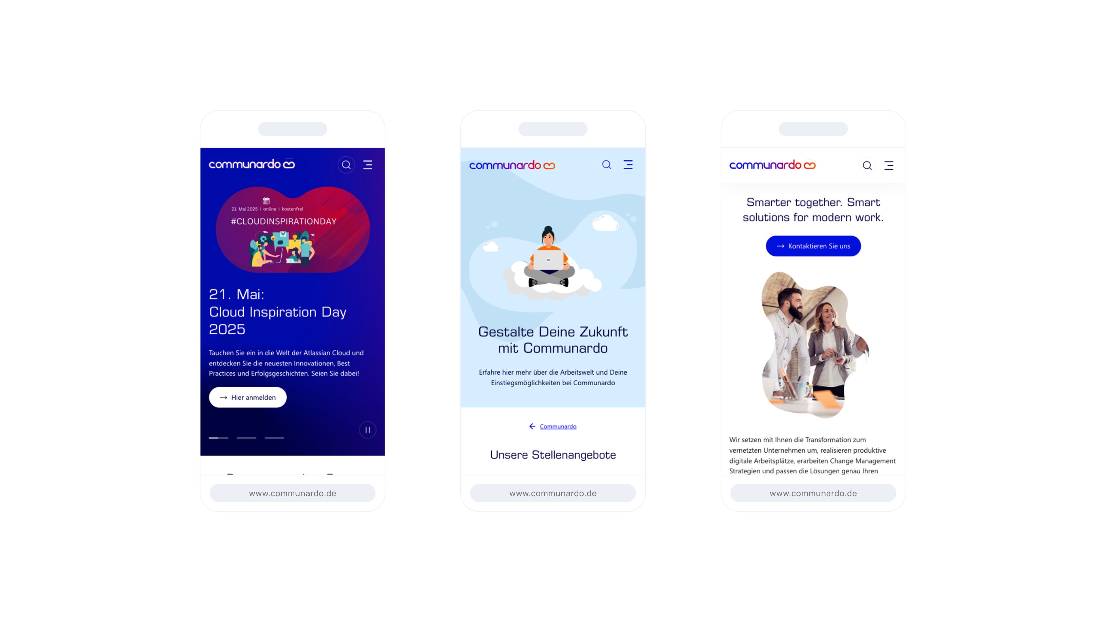 Drei Smartphones zeigen eine Website mit farbenfrohen Grafiken und Texten über Cloud-Inspiration, zukünftiges Design und smarte Lösungen für die Arbeitswelt.