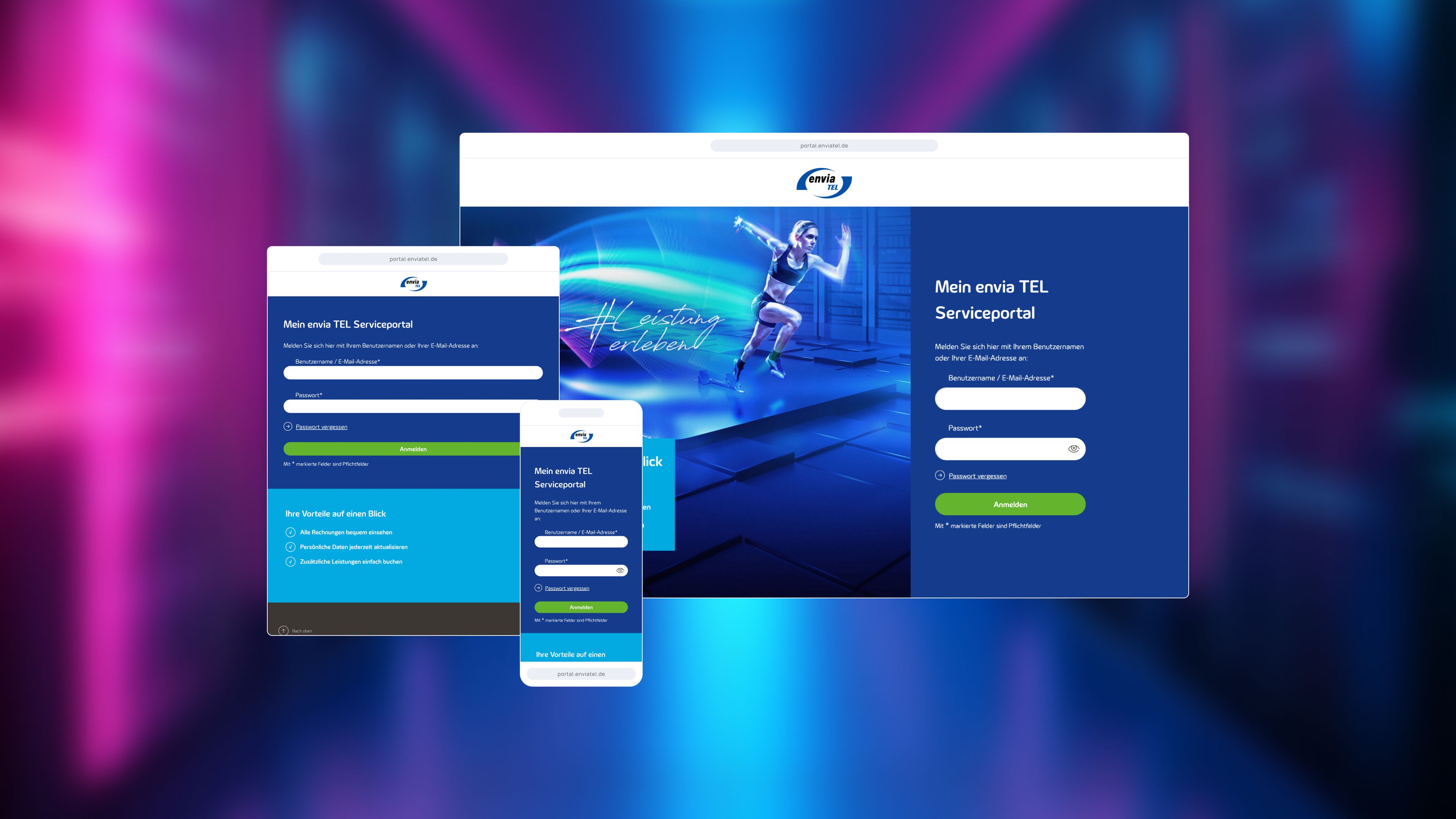 Responsives Design eines Serviceportals, dargestellt auf einem Monitor, Tablet und Smartphone vor einem lebendigen, verschwommenen Hintergrund.