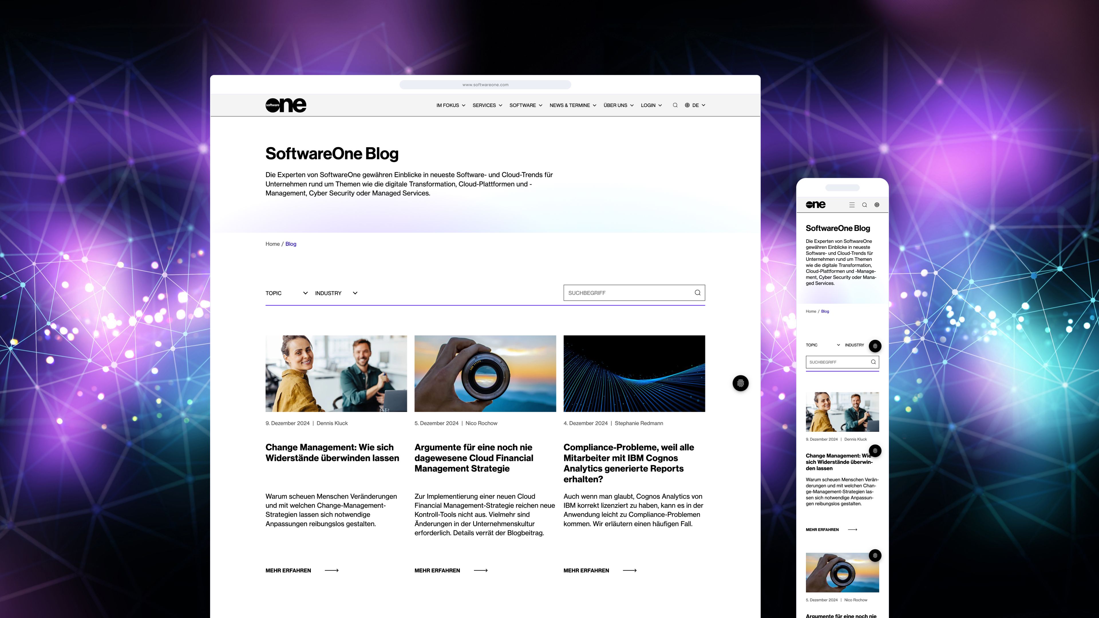 Responsives Website-Design eines Software-Blogs, dargestellt auf einem Desktop- und einem Mobilbildschirm vor einem farbenfrohen, abstrakten Hintergrund.