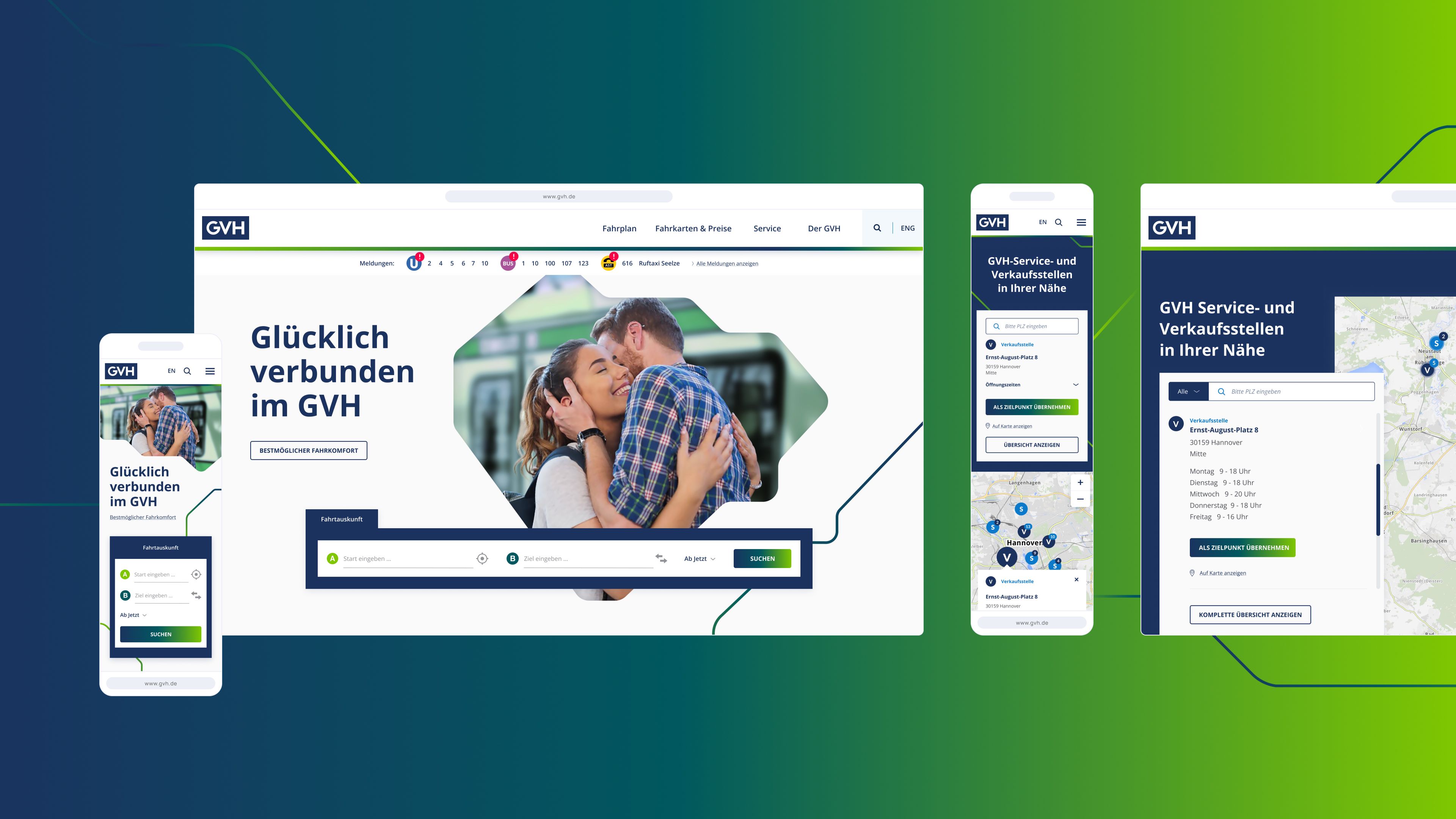 Responsives Website-Design auf verschiedenen Geräten dargestellt, mit einem sich umarmenden Paar sowie sichtbaren Navigations- und Standortfunktionen für Dienstleistungen.