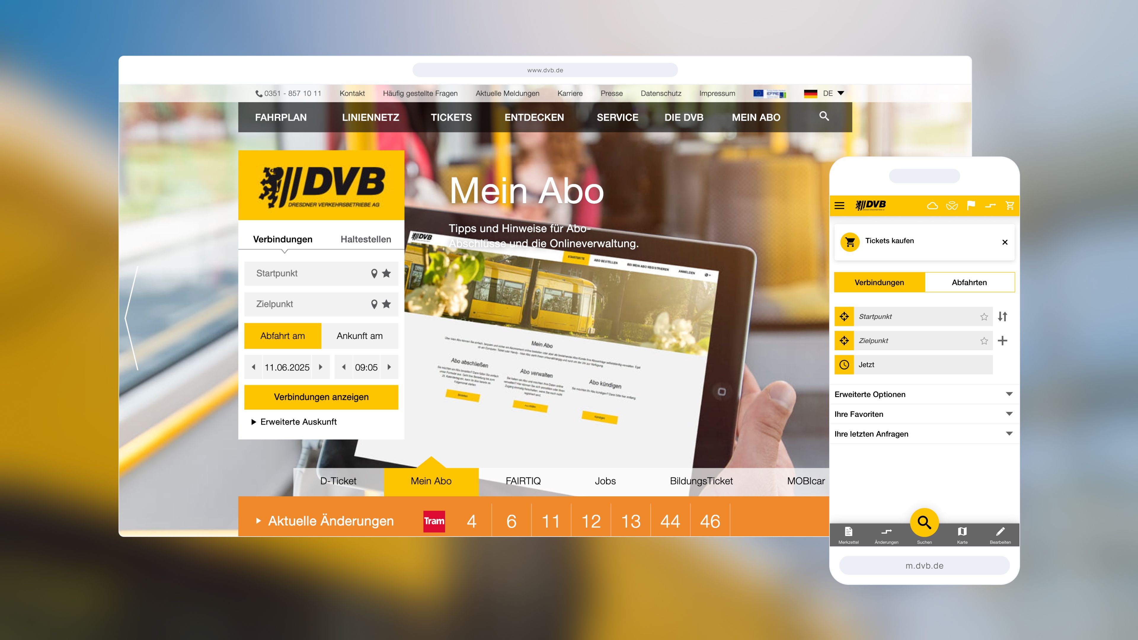 Ein Tablet und ein Smartphone zeigen eine Benutzeroberfläche für ein öffentliches Verkehrsabonnement mit DVB-Branding, einschließlich Navigations- und Fahrplanoptionen.