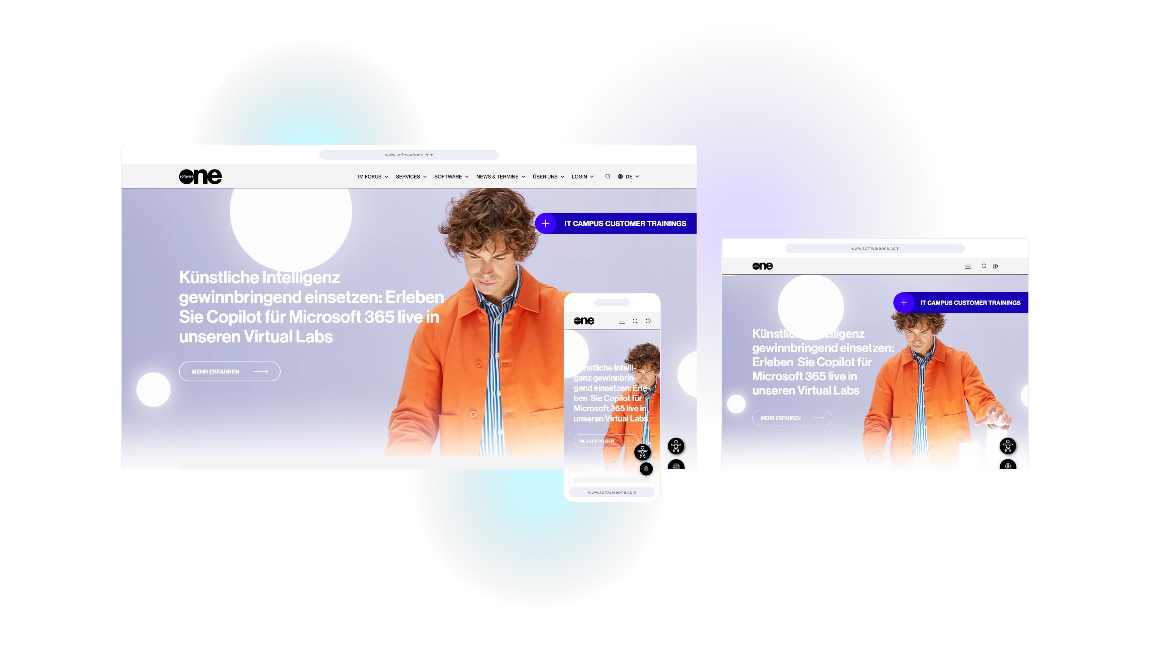 Responsives Website-Design auf verschiedenen Geräten dargestellt, mit einer Person in orangefarbener Jacke vor einem lila Hintergrund mit weißem Text.