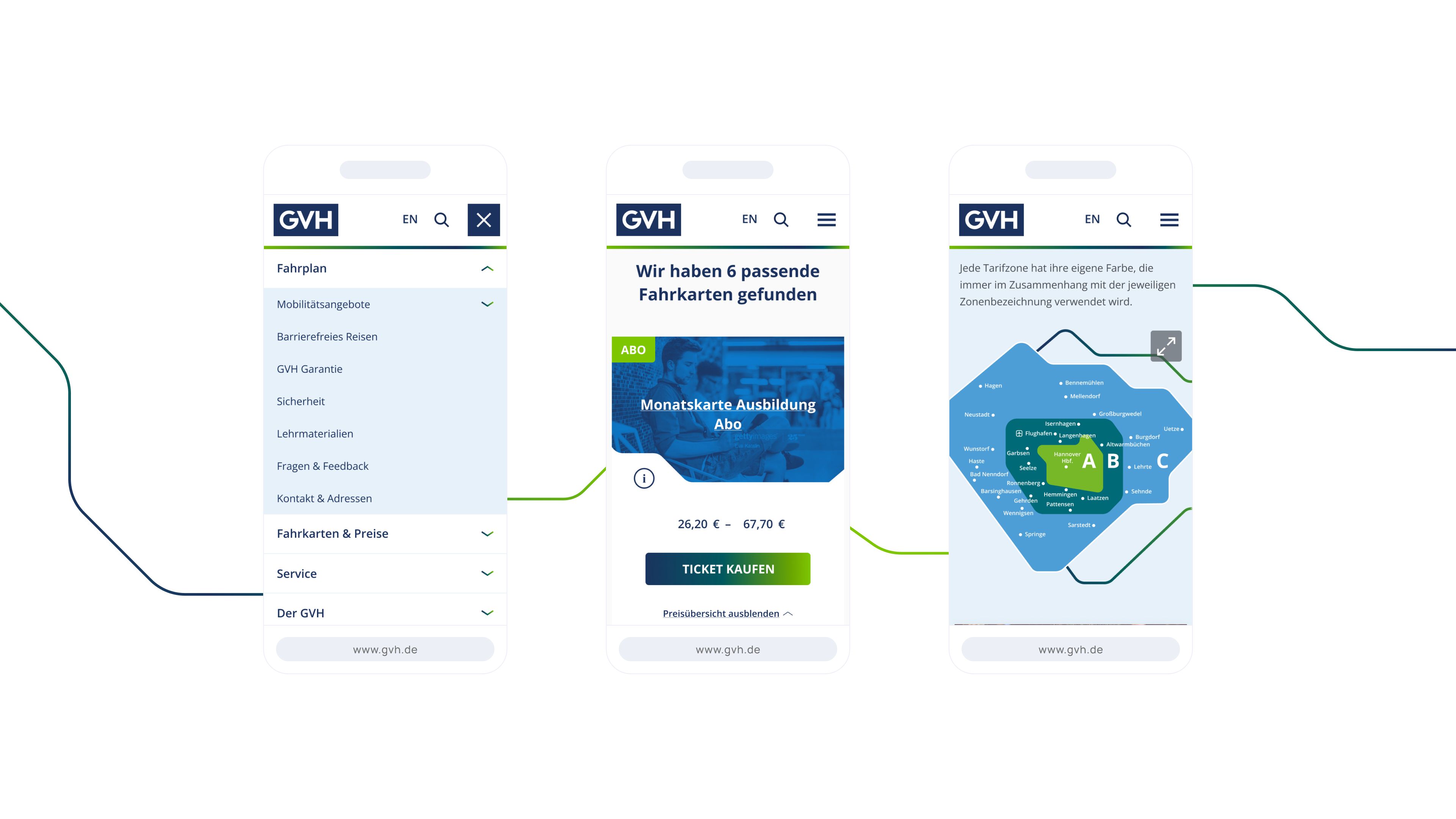 Drei Smartphone-Bildschirme zeigen die Benutzeroberfläche einer Verkehrs-App mit Optionen für Tickets, Routen und Karten.