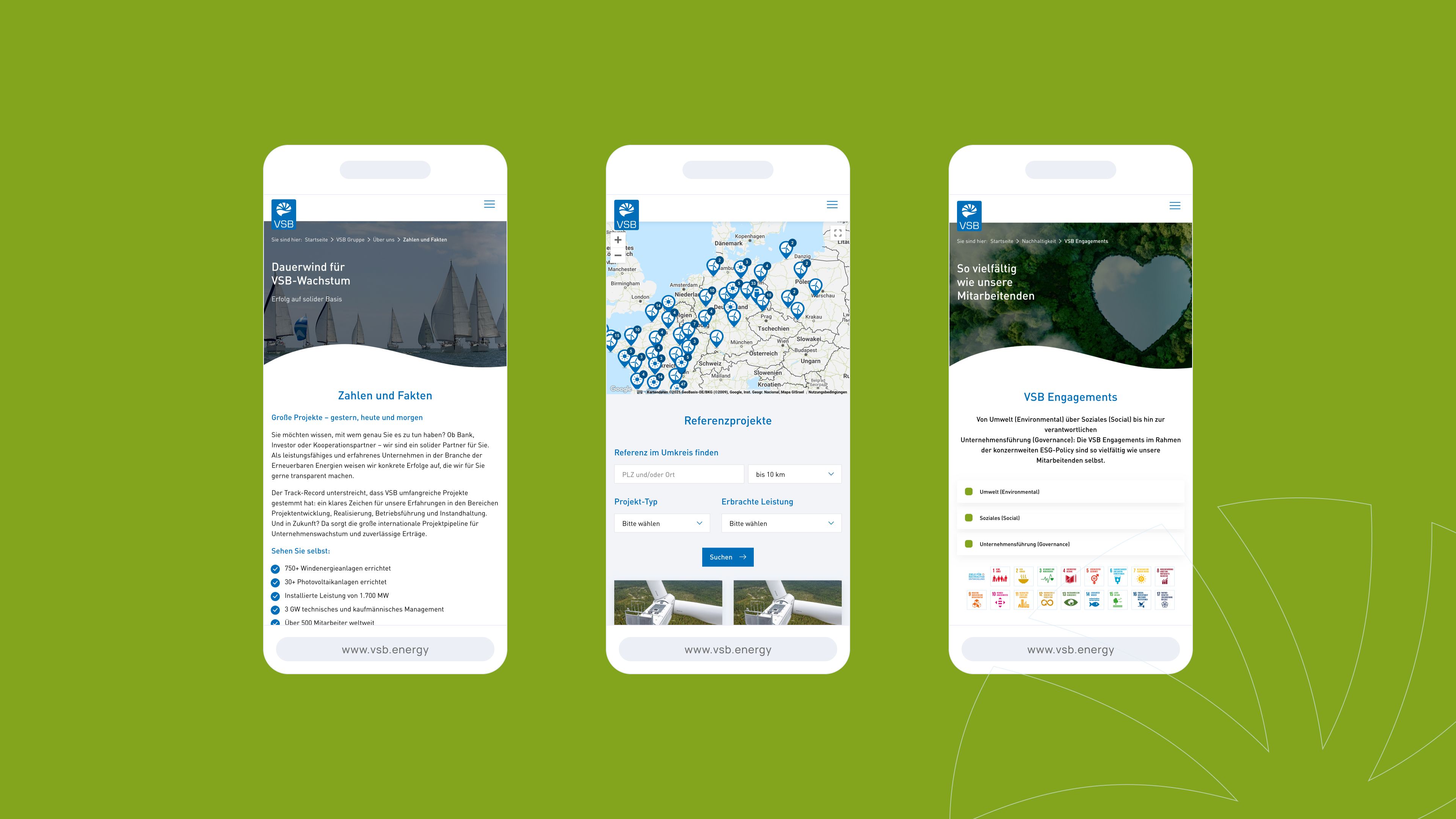 Drei Smartphone-Bildschirme zeigen eine Website mit Text, einer Karte mit Standortmarkierungen und einem herzförmigen Symbol auf einem grünen Hintergrund.