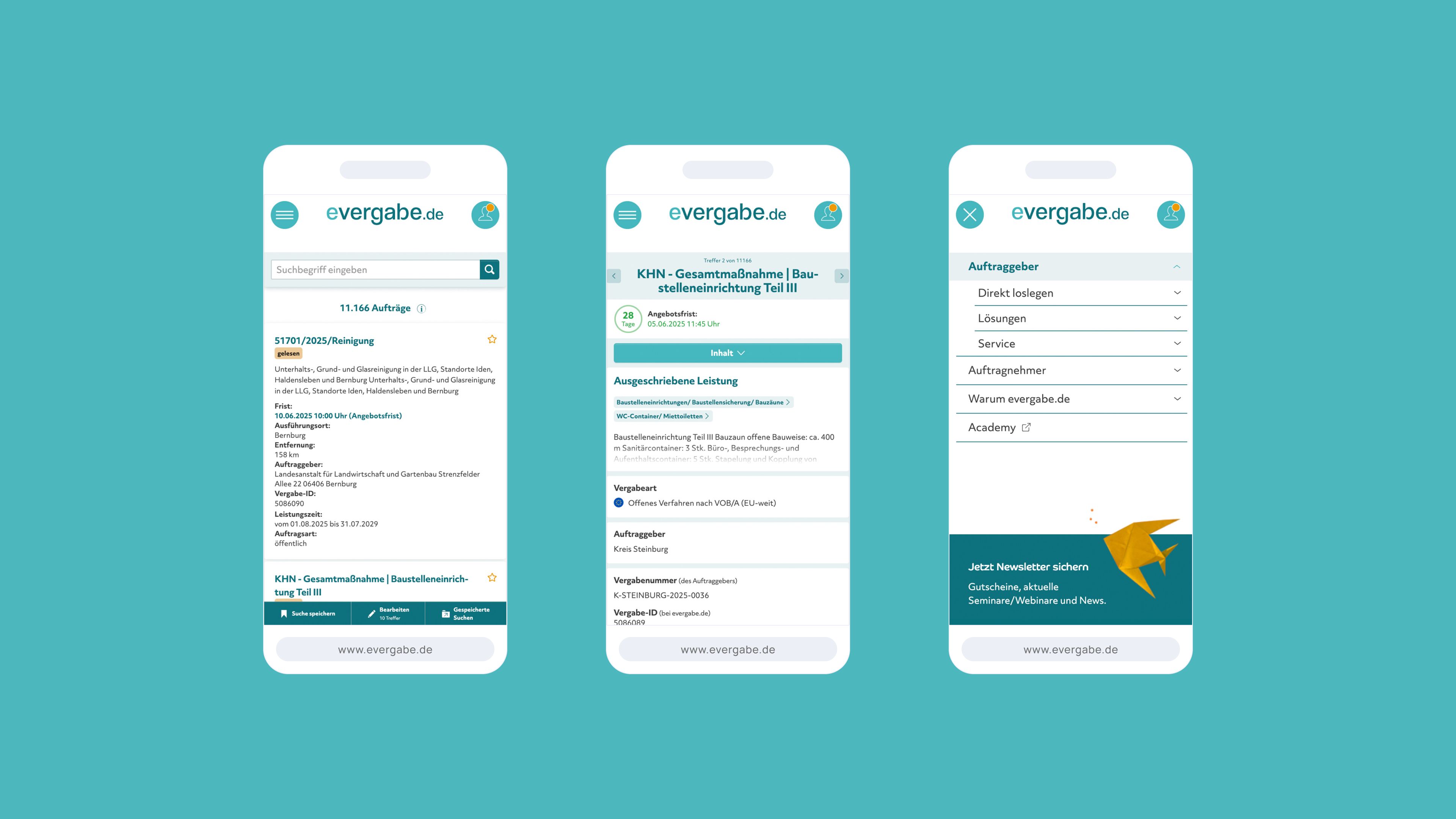 Drei Smartphone-Bildschirme zeigen die Benutzeroberfläche der Evergabe-App mit Bereichen für Aufgaben, Projektdetails und Navigation auf einem türkisfarbenen Hintergrund.