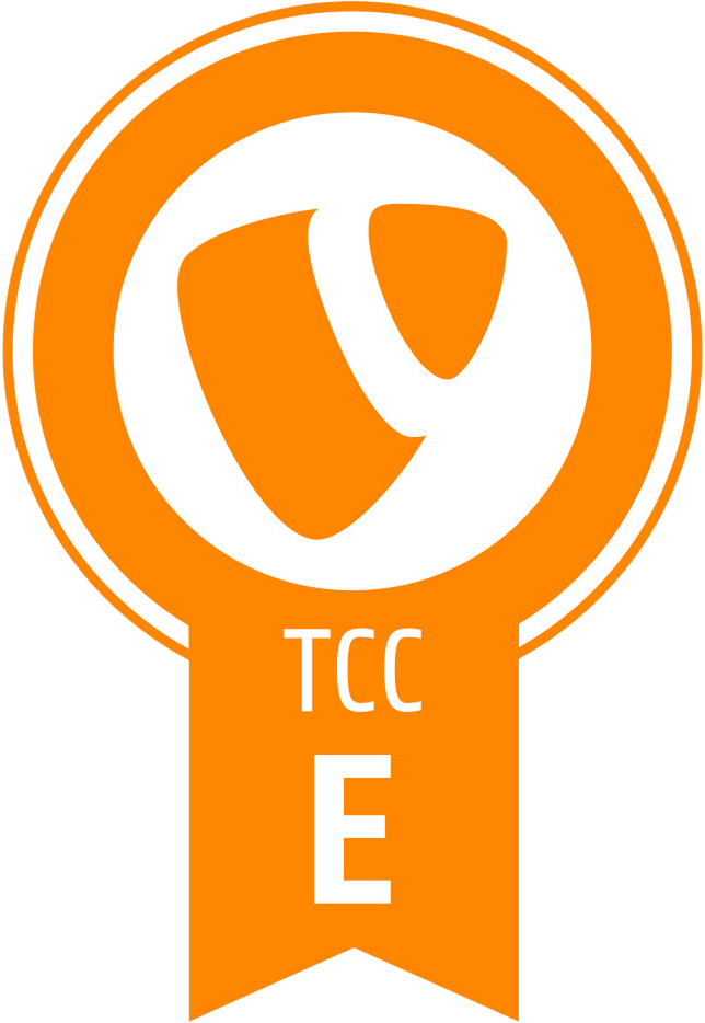 ChatGPT: Orangene Abzeichenplakette mit einem stilisierten weißen „T“-Logo oben, „TCC“ in der Mitte und einem großen „E“ am unteren Ende.