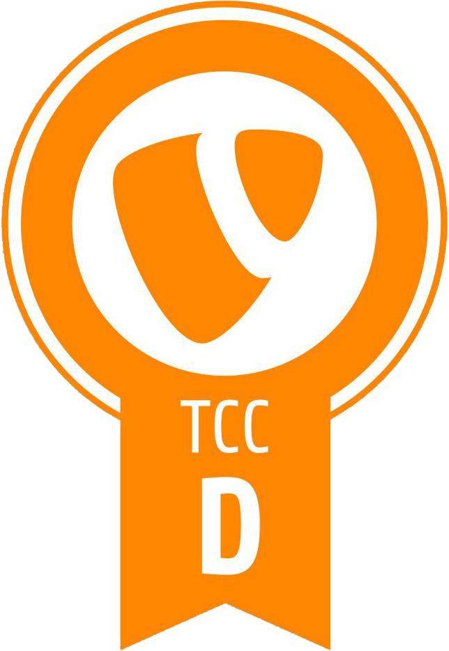 Orangene Schleifenplakette mit einem stilisierten weißen „T“-Logo und den Buchstaben „TCC D“ auf dem Band.