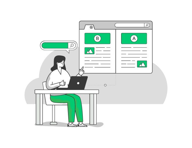 Eine stilisierte Illustration zeigt eine Frau an einem Laptop, die sich eine Vergleichsansicht mit zwei Varianten einer Webseite ansieht. Neben ihr erscheint eine Suchleiste mit einem Lupensymbol.